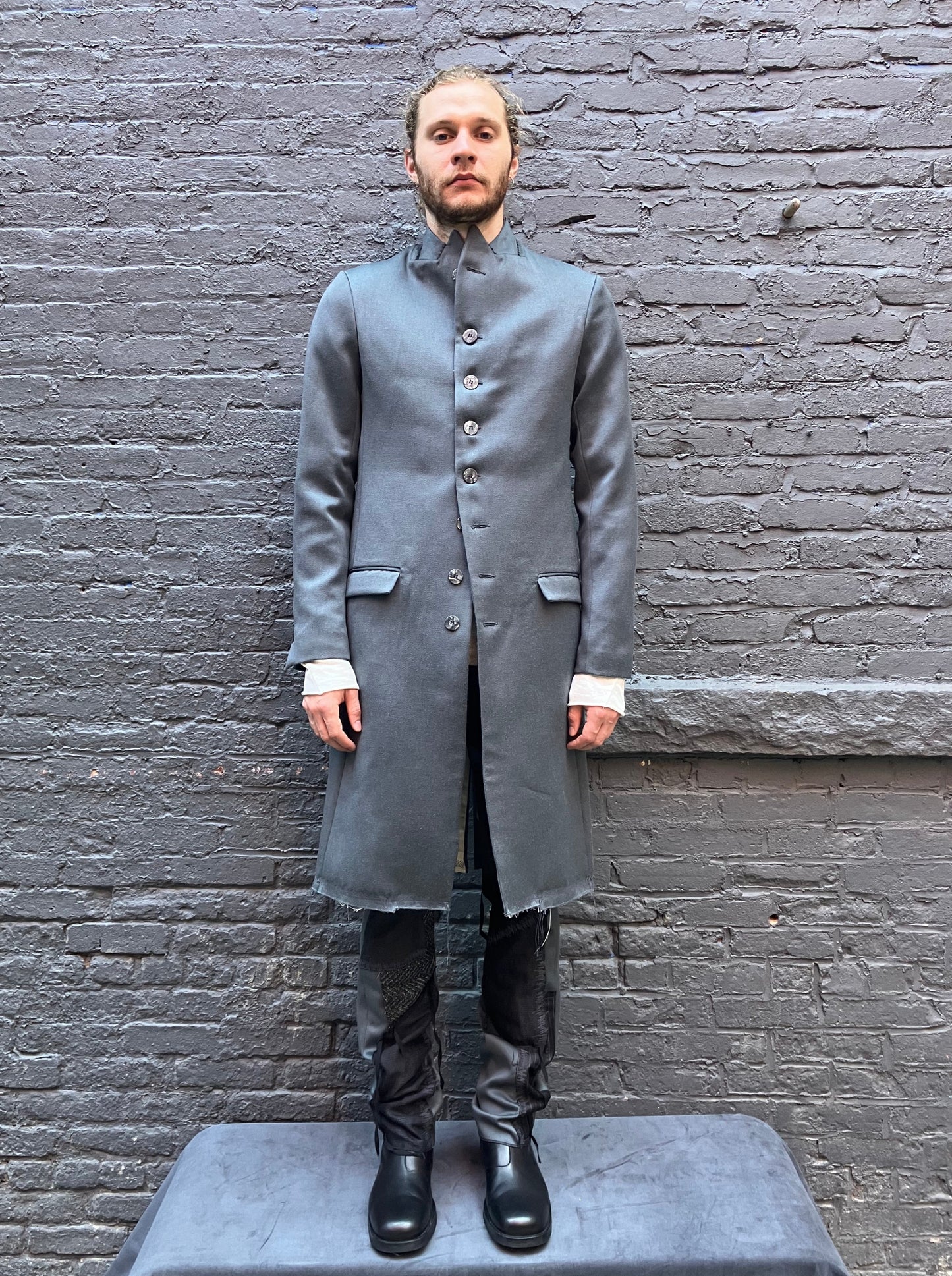 FW23 || PEAKED LAPEL LONG COAT || HAND-STITCHED GREY