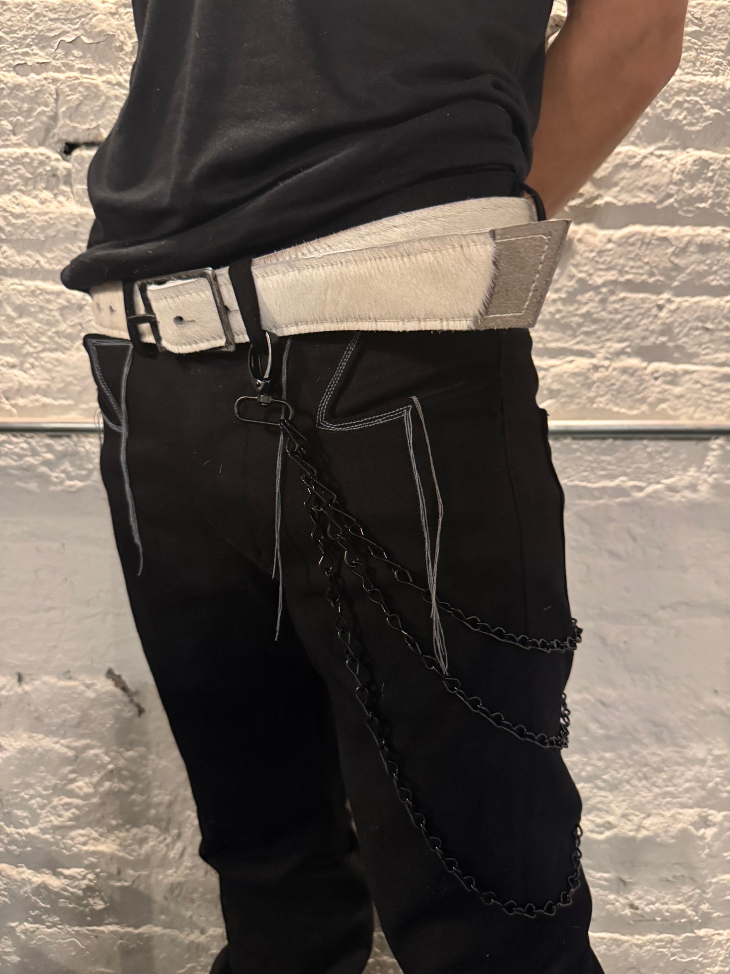 ZB- A|BLT|  || 1.5 INCH KNG13 HAND MADE BUCKLE BELT || HAIR ON HIDE WHITE