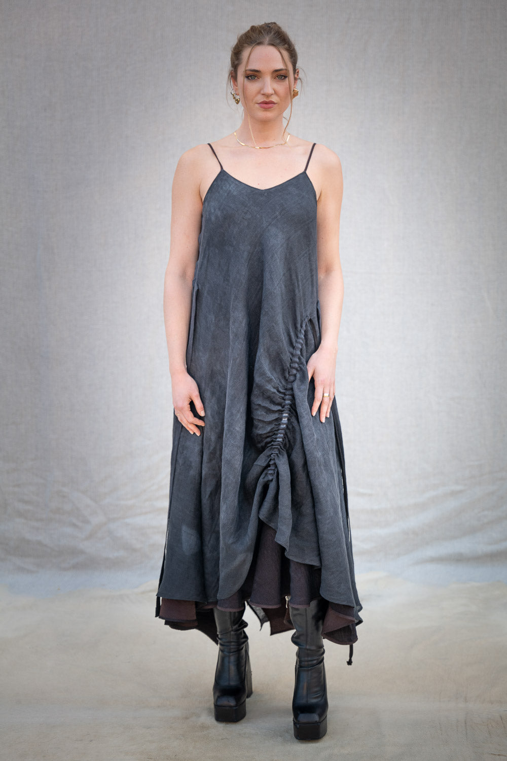 FW24 || STRING THEORY LINEN RAYON DRESS || WASHED BLACK