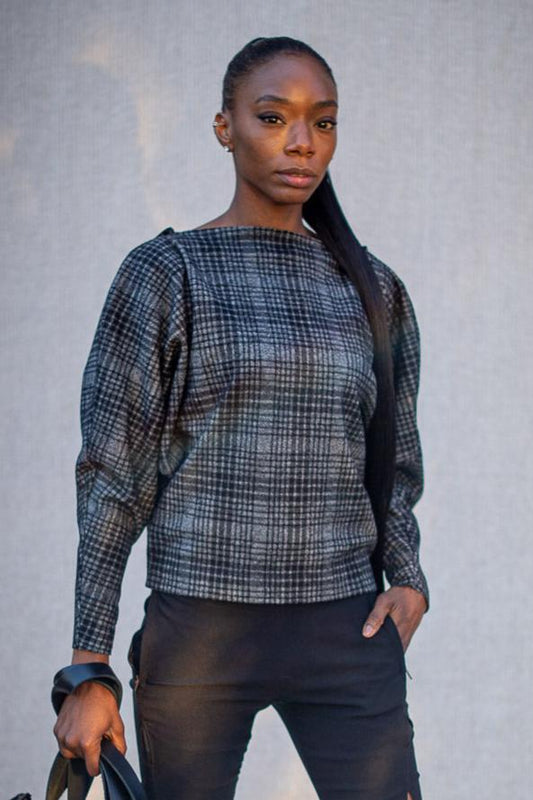 FW24 || BAT WING KNIT TOP || GREY + BLACK PLAID