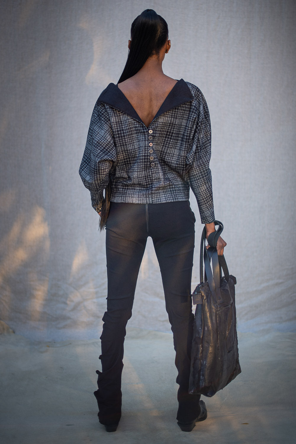 FW24 || BAT WING KNIT TOP || GREY + BLACK PLAID