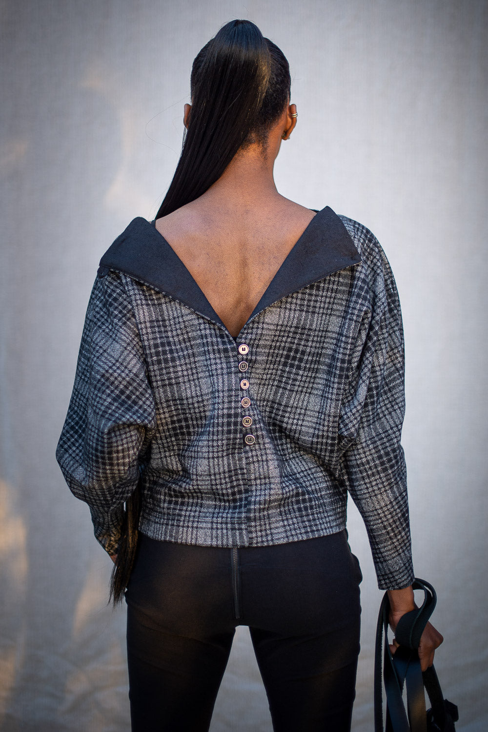 FW24 || BAT WING KNIT TOP || GREY + BLACK PLAID