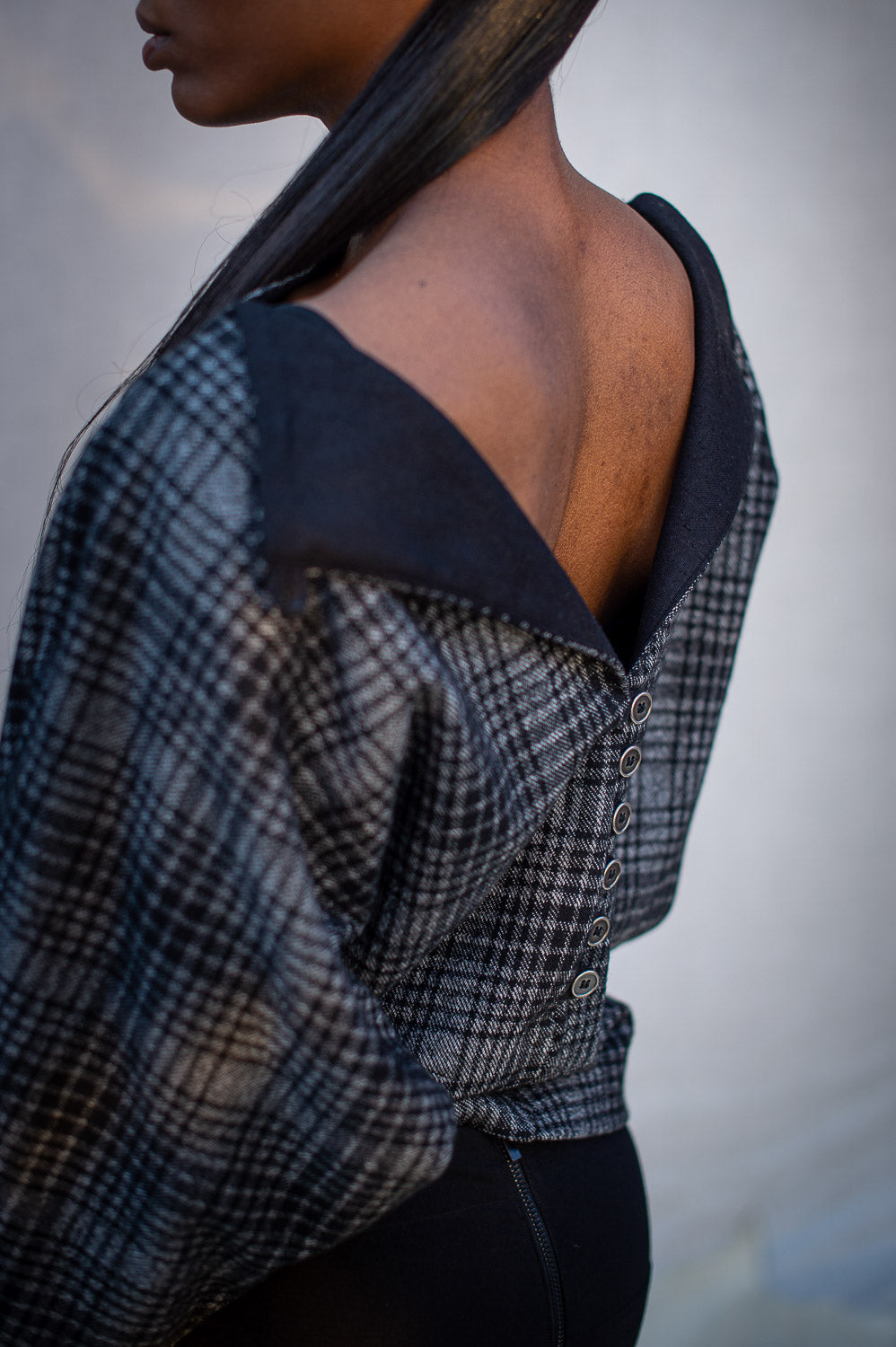 FW24 || BAT WING KNIT TOP || GREY + BLACK PLAID