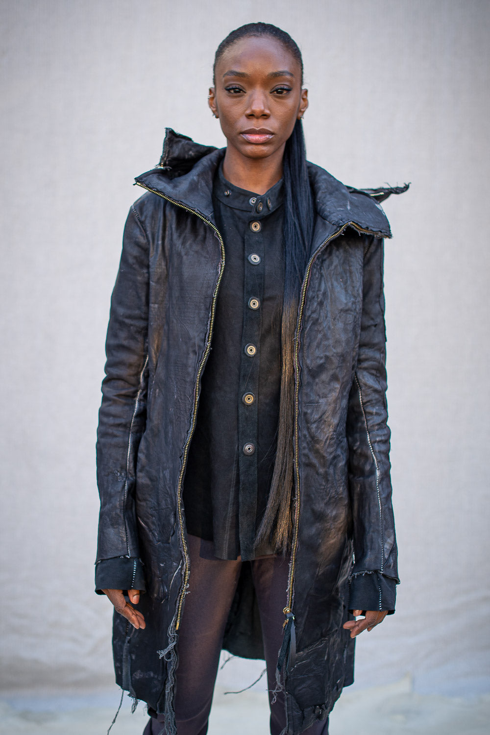 FW24 || ZIP-OFF HOOD UNLINED LEATHER COAT || BLACK MOONSTAR