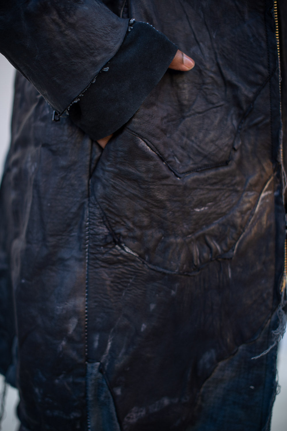 FW24 || ZIP-OFF HOOD UNLINED LEATHER COAT || BLACK MOONSTAR