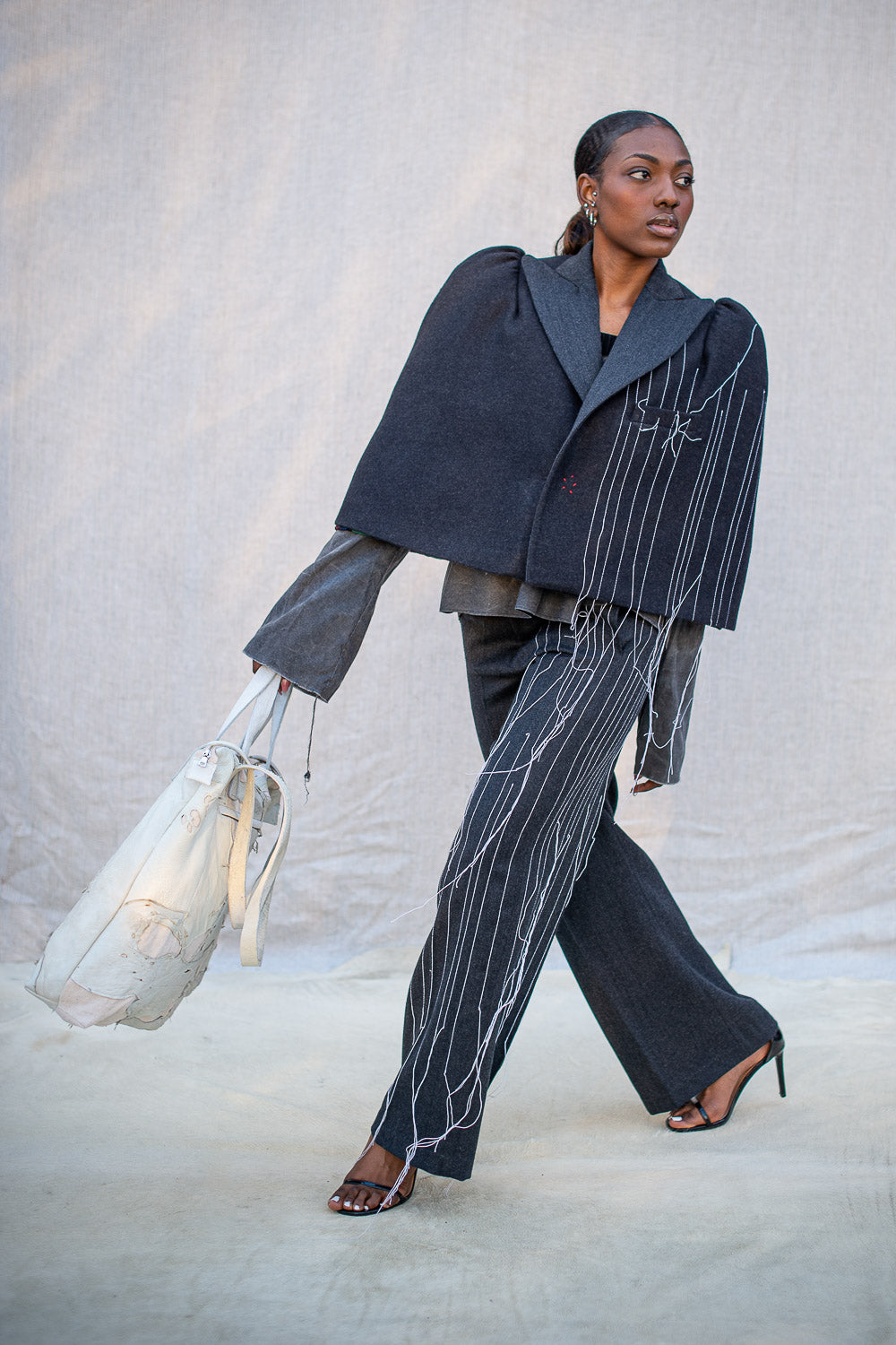 FW24 || TAILORED PINSTRIPE CAPE || GREY