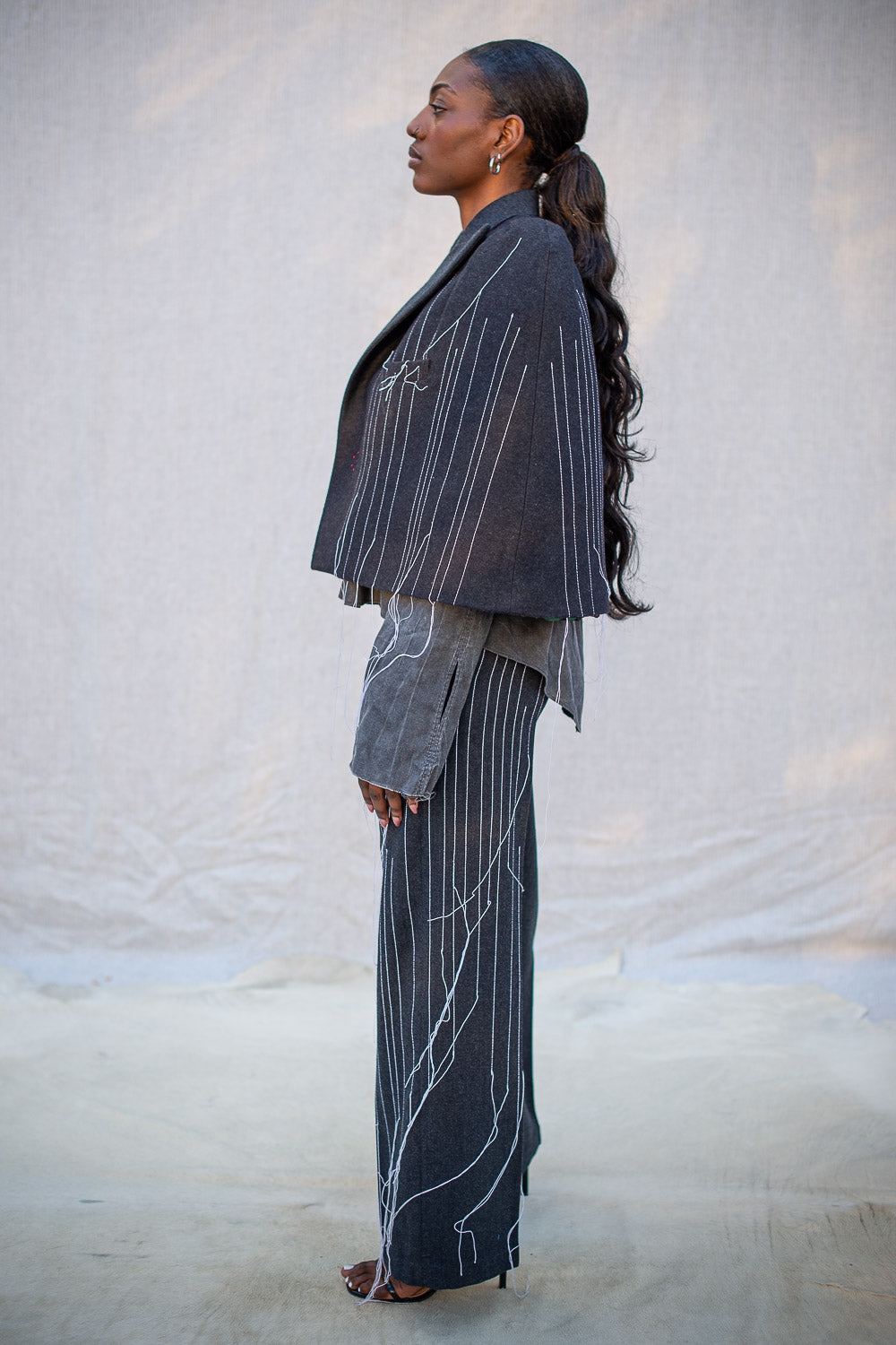 FW24 || TAILORED PINSTRIPE CAPE || GREY