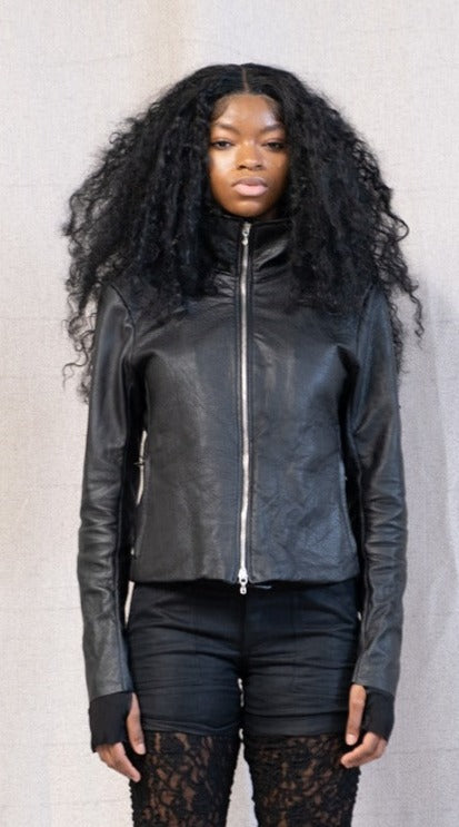 SS23 FEMME || HIGH NECK MINIMALIST LEATHER JACKET - BLACK