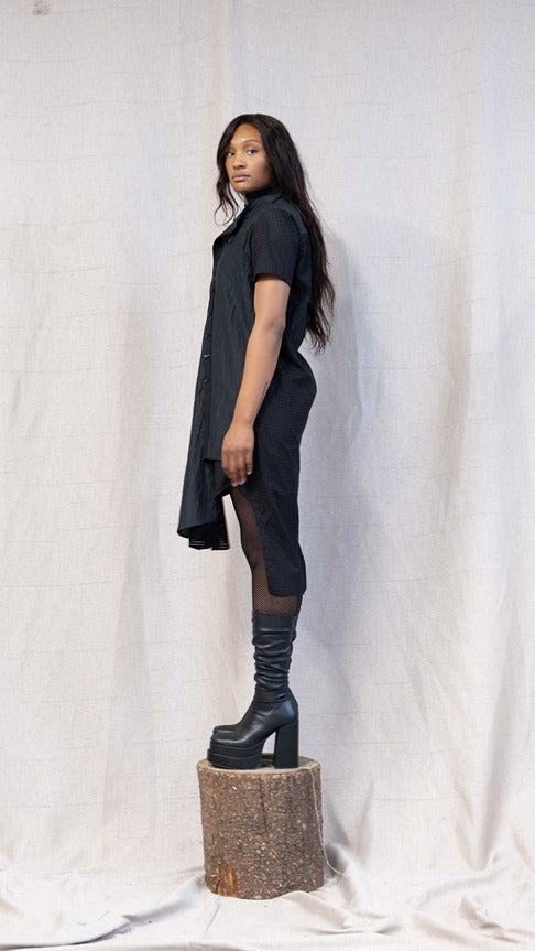 SS23 FEMME || DOUBLE FRONT ASYMMETRIC SHIRT DRESS || BLACK