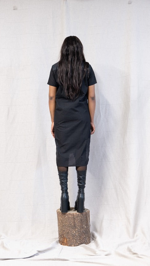 SS23 FEMME || DOUBLE FRONT ASYMMETRIC SHIRT DRESS  - BLACK