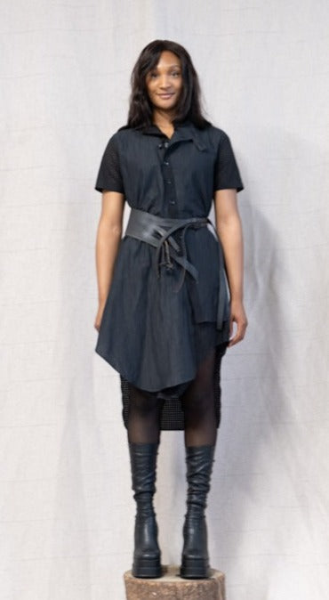 SS23 FEMME || DOUBLE FRONT ASYMMETRIC SHIRT DRESS  - BLACK
