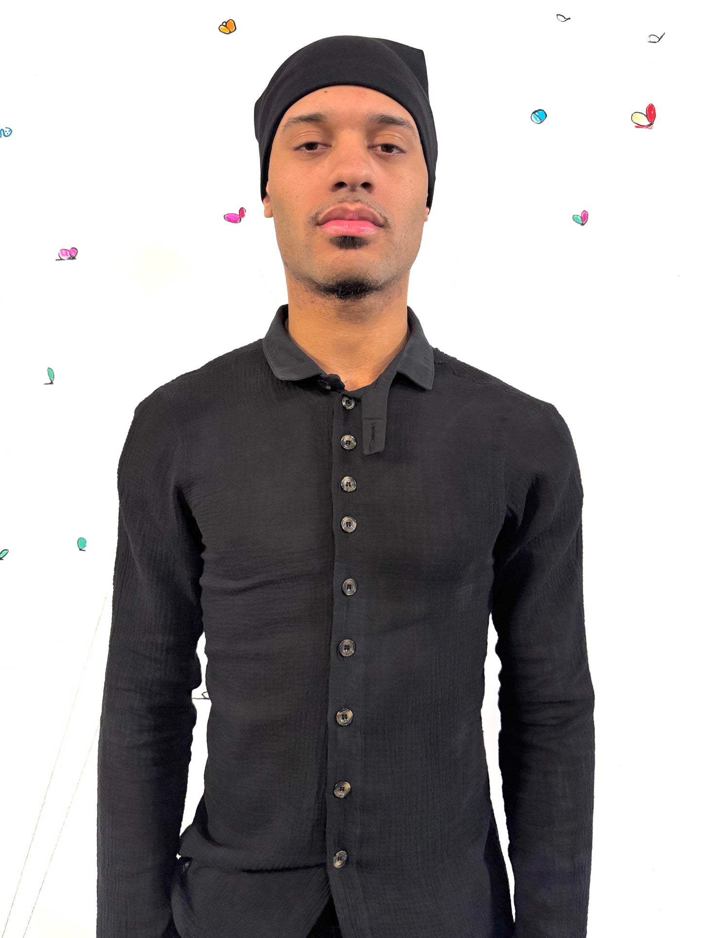 SS26 || FAULTED SHOULDER CRINKLED SHIRT || DOUBLE GAUZE COTTON BLK