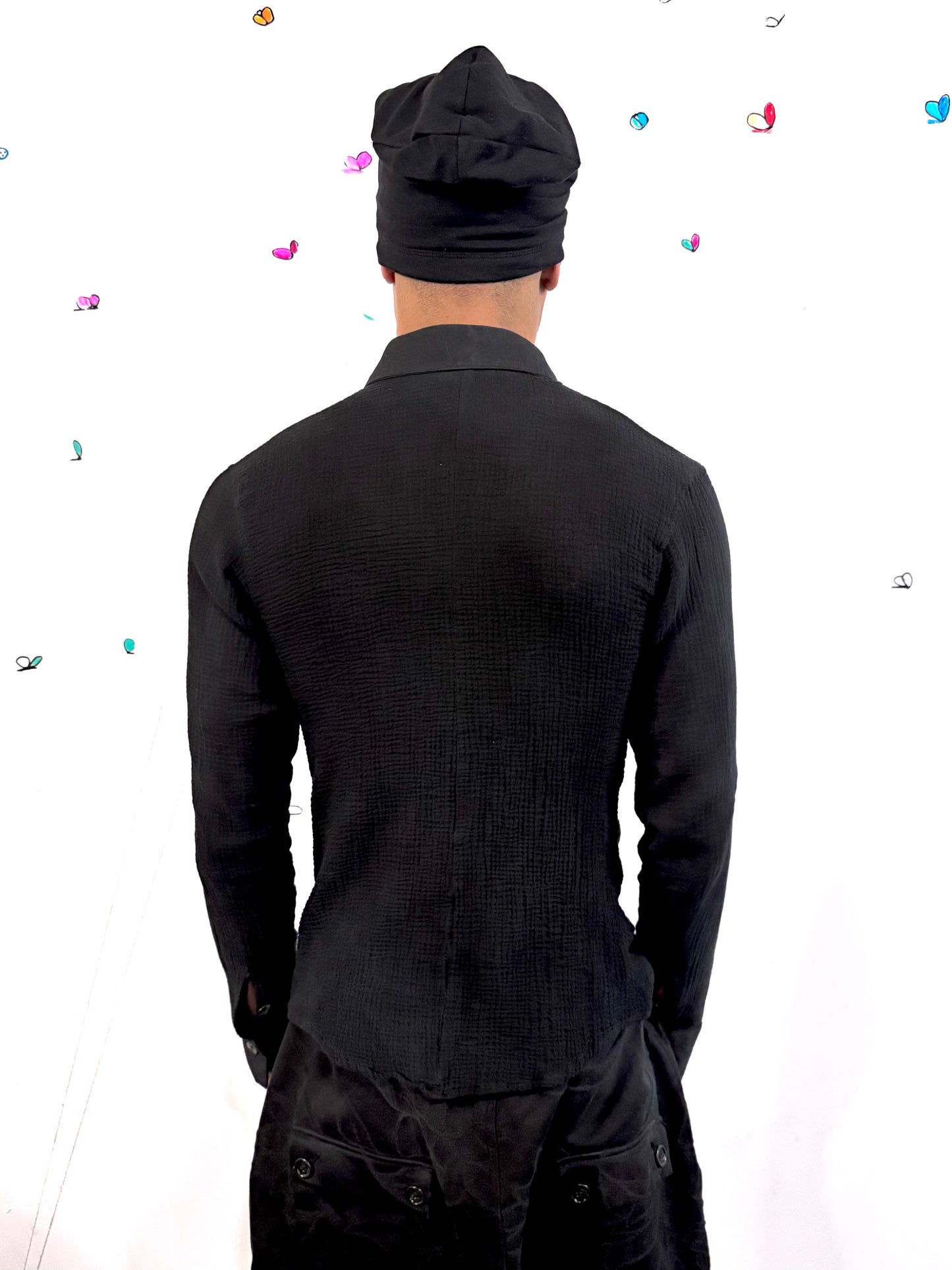 SS26 || FAULTED SHOULDER CRINKLED SHIRT || DOUBLE GAUZE COTTON BLK