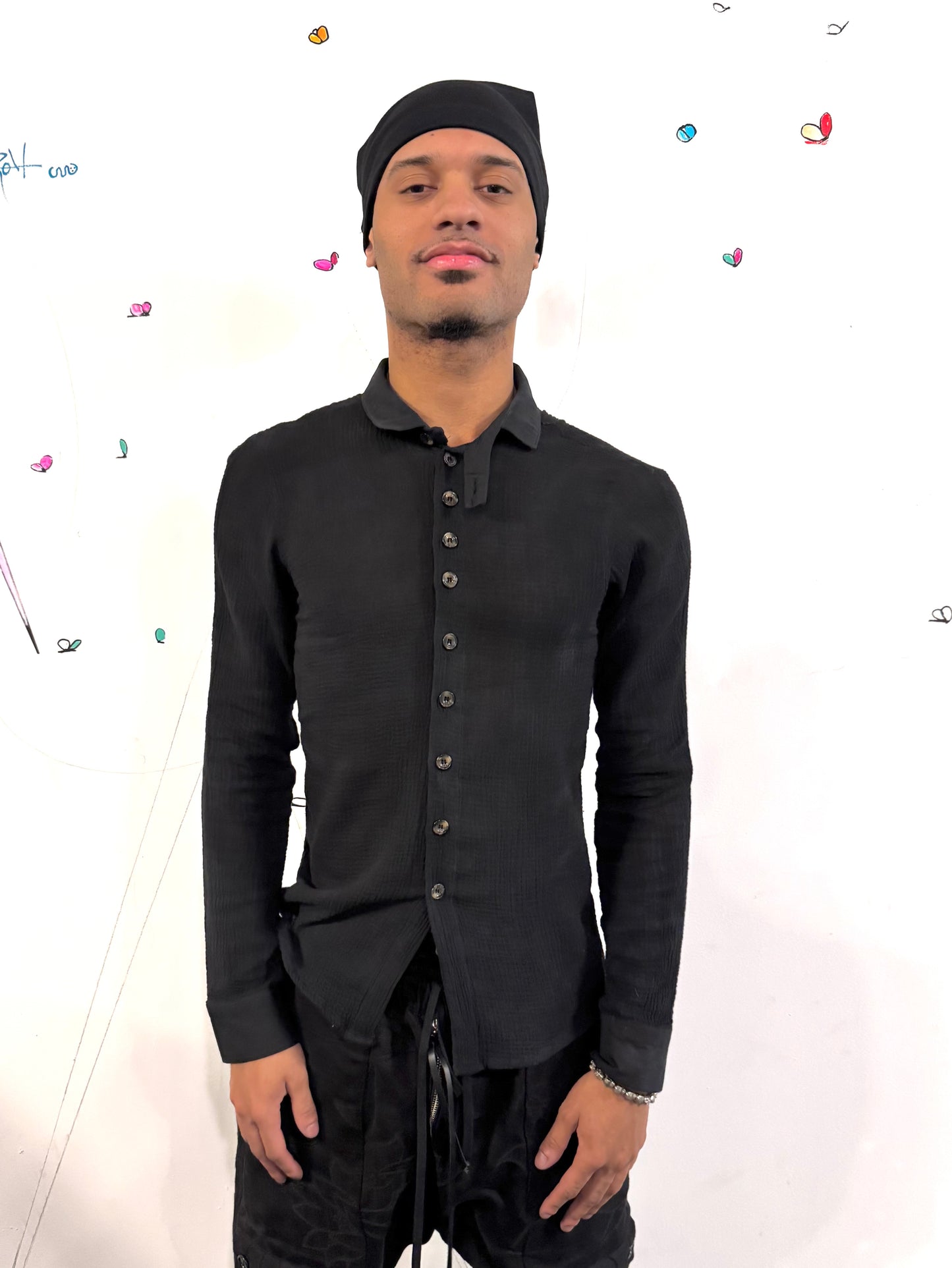 SS26 || FAULTED SHOULDER CRINKLED SHIRT || DOUBLE GAUZE COTTON BLK