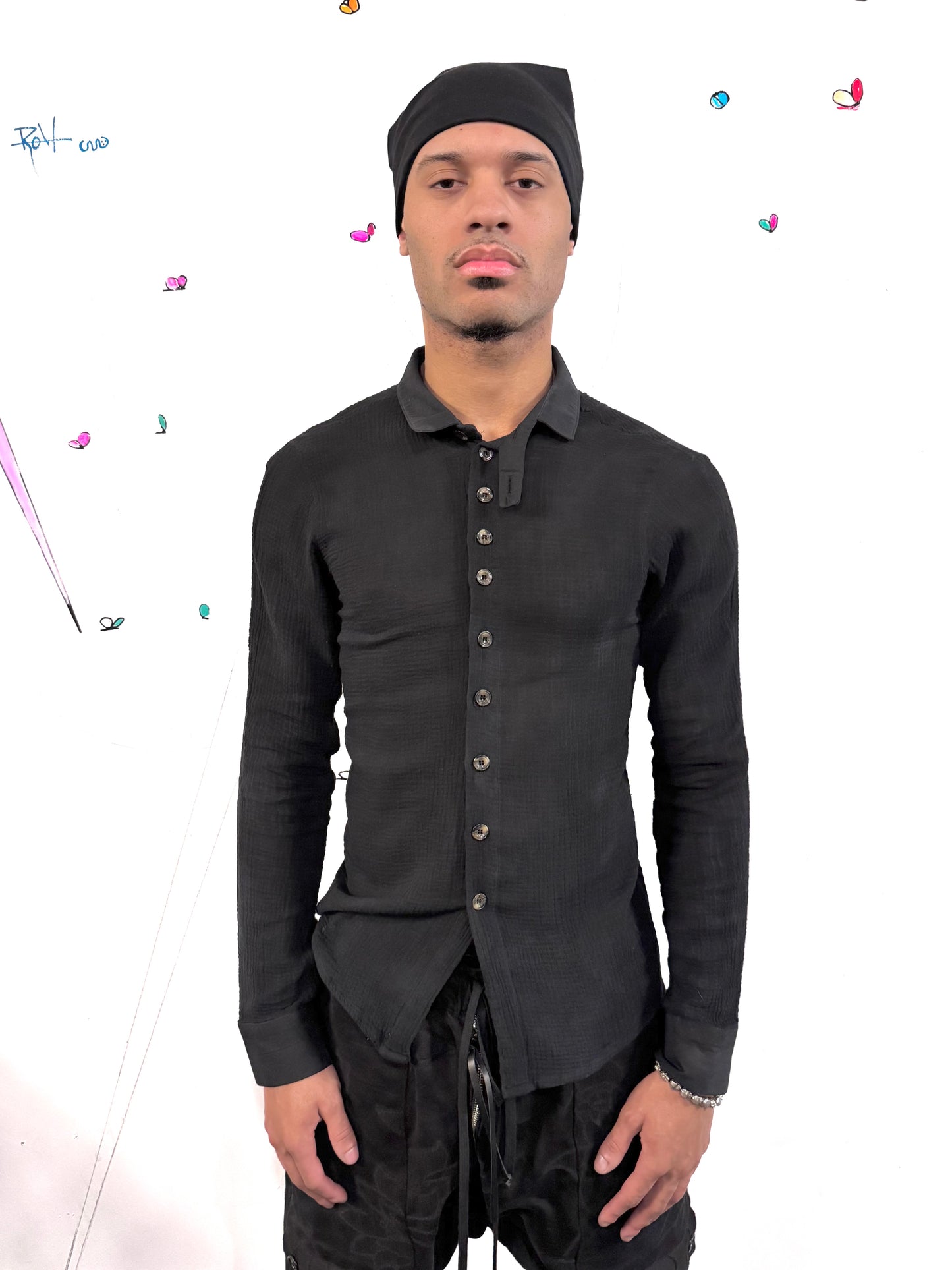 SS26 || FAULTED SHOULDER CRINKLED SHIRT || DOUBLE GAUZE COTTON BLK