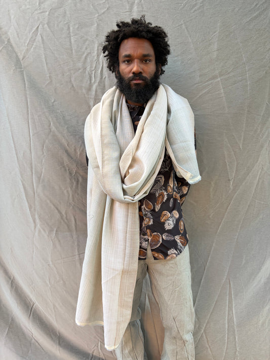 FW25 || LARGE DOUBLE WIDTH SCARF || ECRU STRIPE || WOOL + LINEN