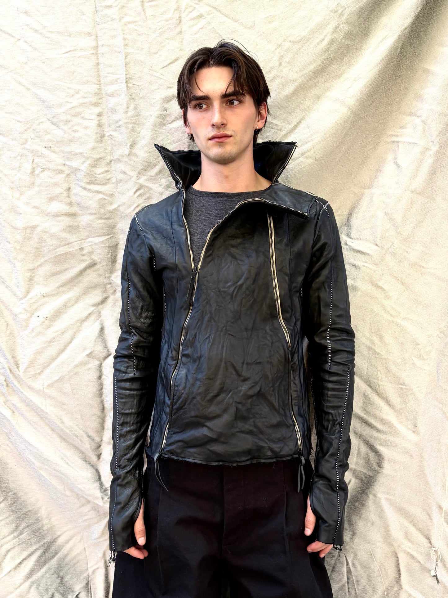 FW25 || TYPE III HIGH NECK LEATHER JACKET || CALF + COTTON