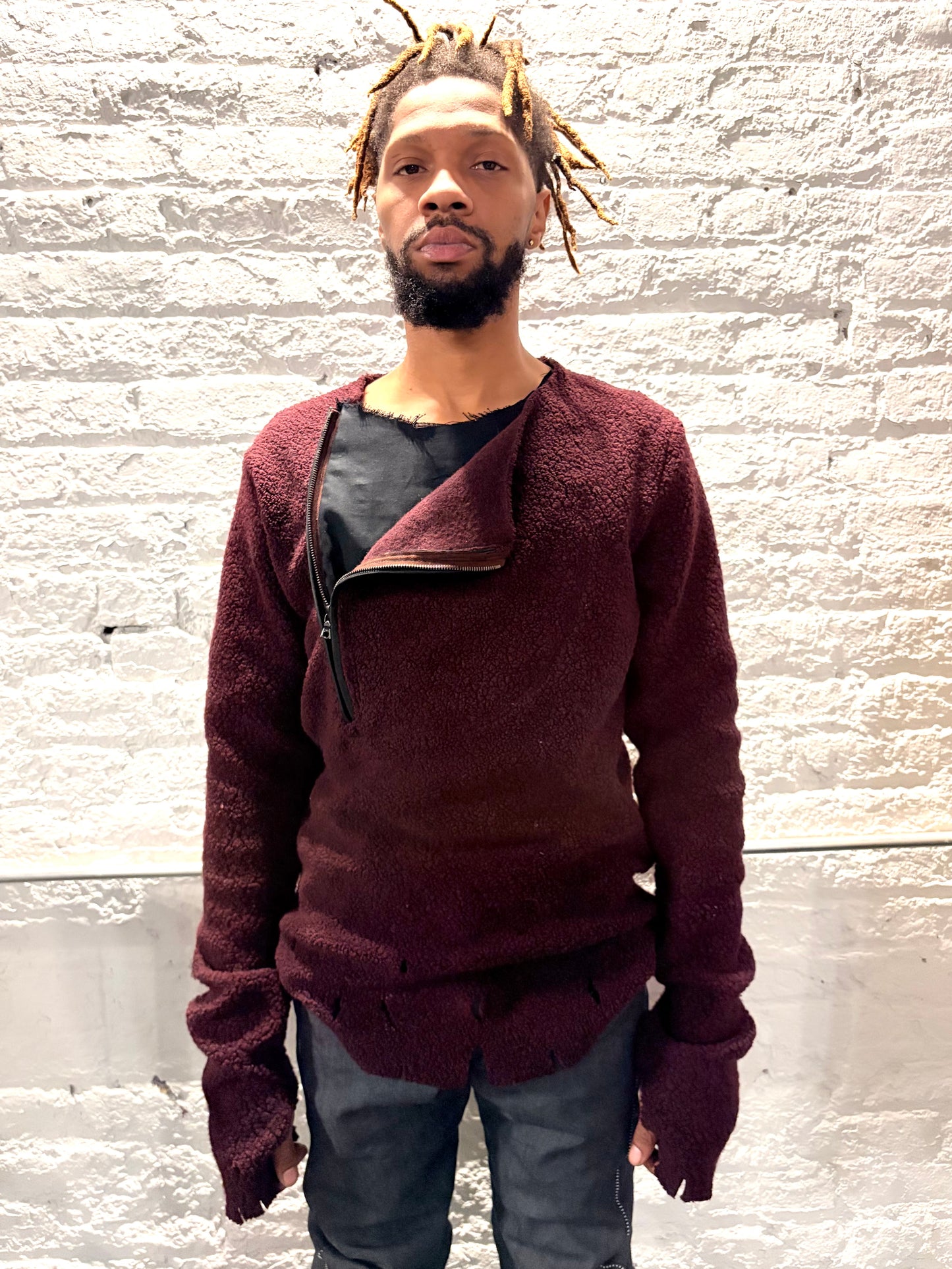 FW25|| ASYMMETRIC ZIPPER POCKET "HOLY" PULLOVER ||WOOL ||  MAROON