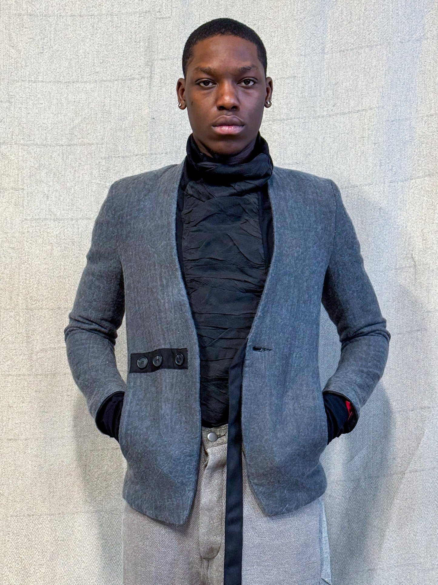 SS24 || SHAWL COLLAR ADJUSTABLE WAIST BLAZER || GREY WOOL BROCADE