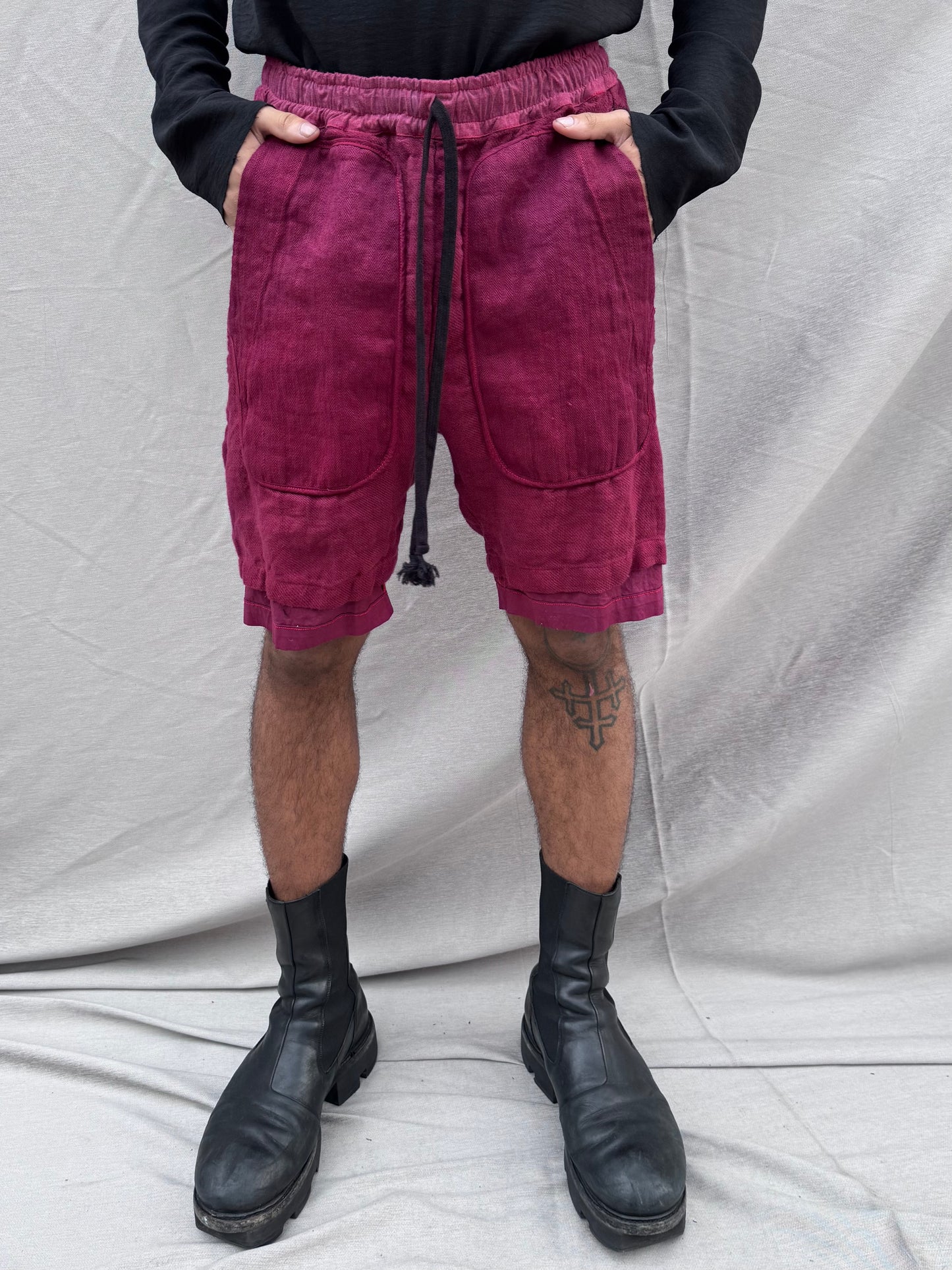 SS25 ||OVERLOCKED PERIPATHETIC SHORTS ||MAROON OVERDYED