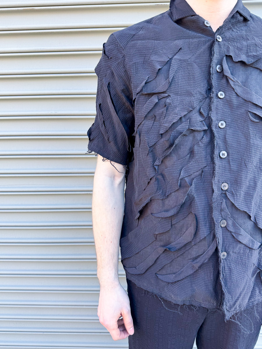 SS24 || SLASHED SILK PROTOLOGICAL ARCHETYPE SHORT SLEEVE SHIRT || BLACK