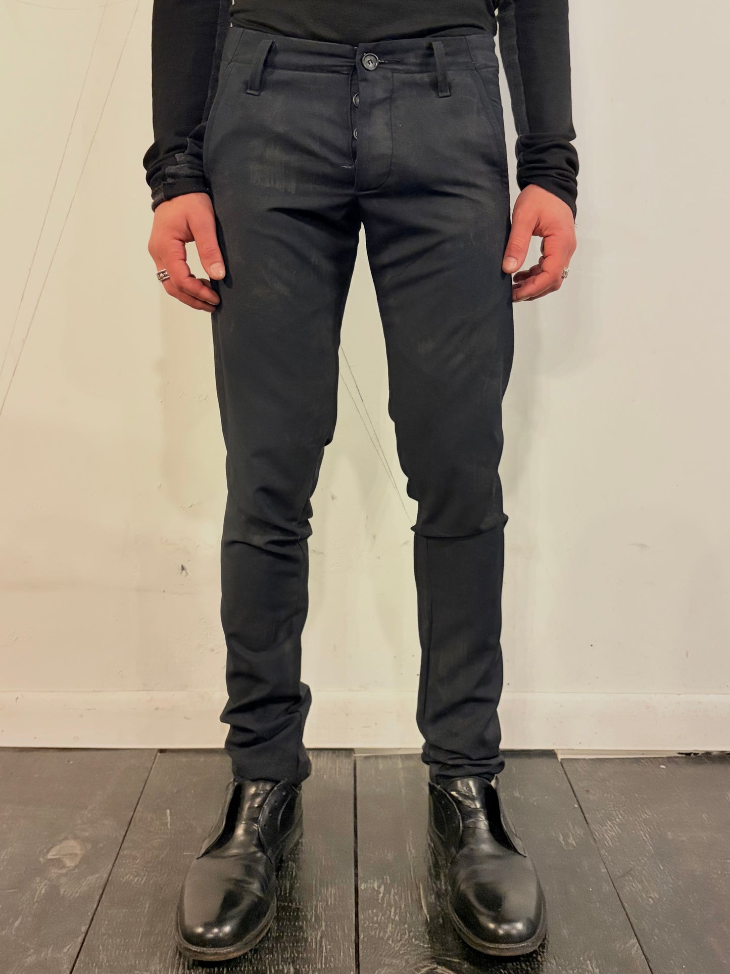 SS26 || MINIMALIST SLIM PANTS - BLACK WOOL || VOLCANIC SULPHUR COATED