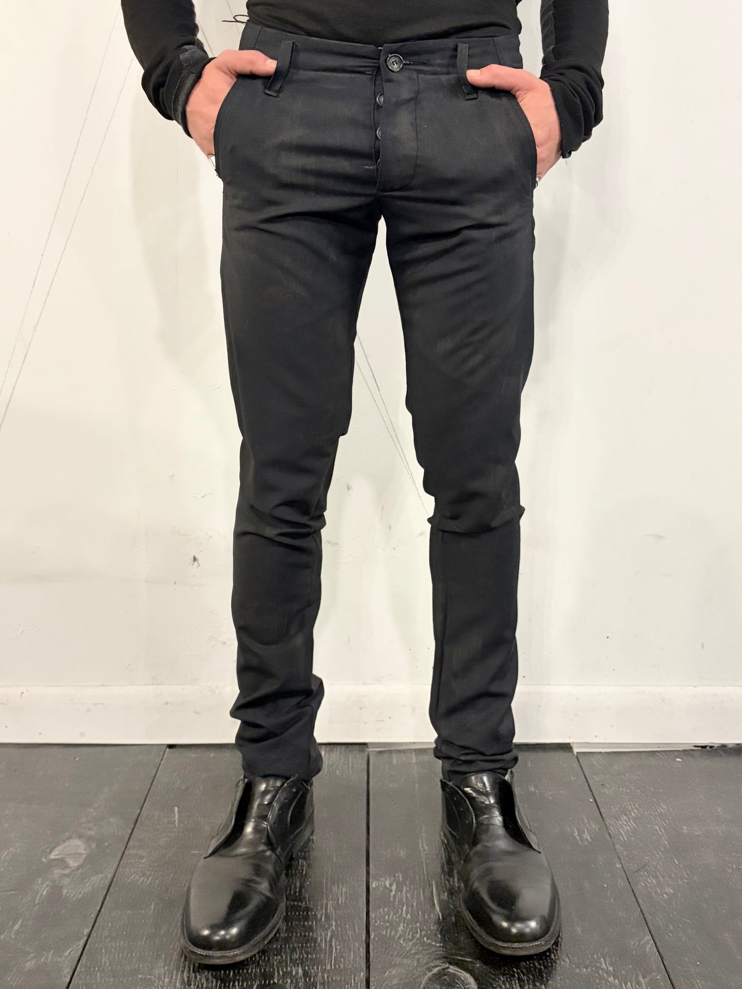 SS26 || MINIMALIST SLIM PANTS - BLACK WOOL || VOLCANIC SULPHUR COATED