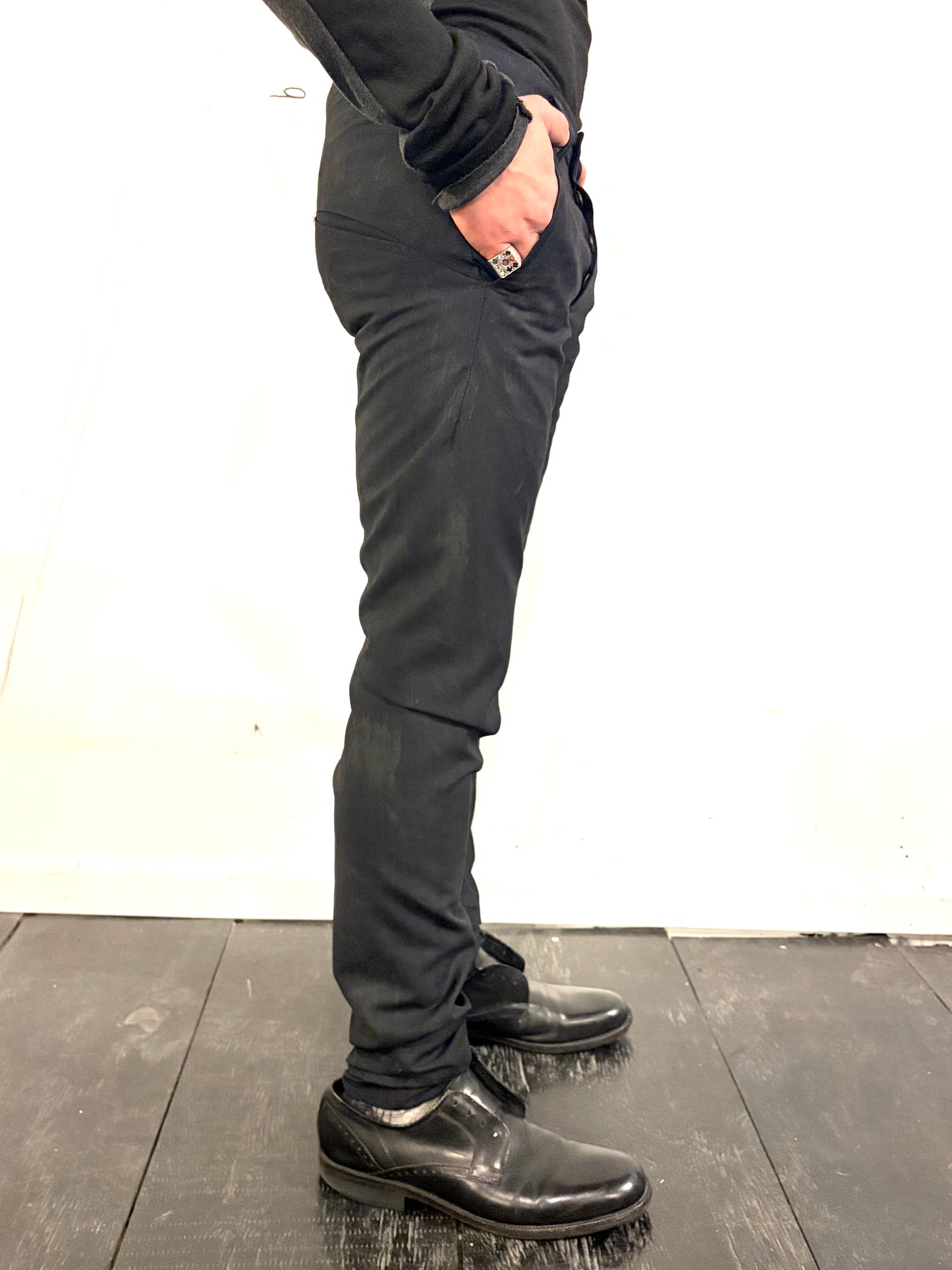 SS26 || MINIMALIST SLIM PANTS - BLACK WOOL || VOLCANIC SULPHUR COATED