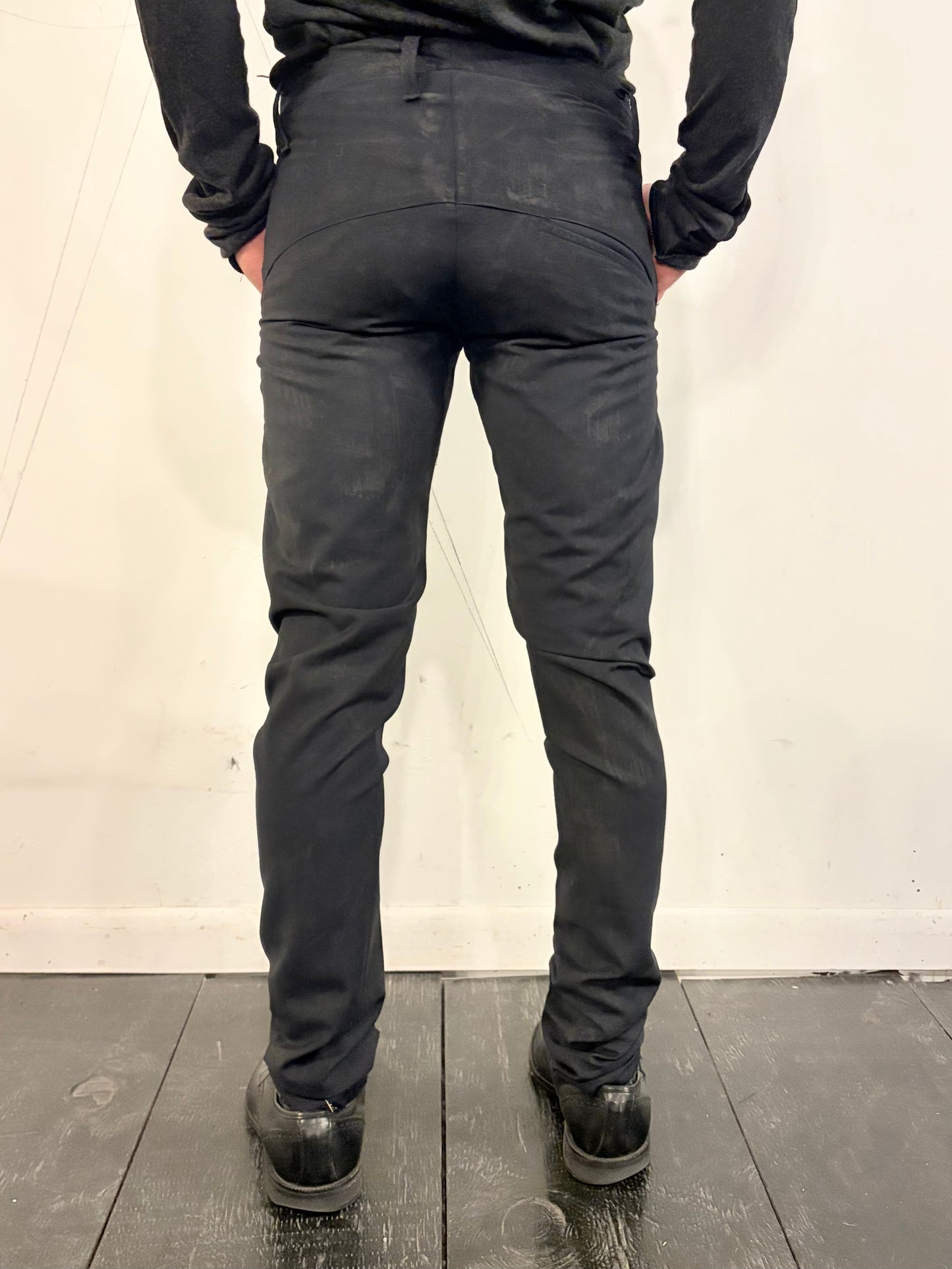 SS26 || MINIMALIST SLIM PANTS - BLACK WOOL || VOLCANIC SULPHUR COATED