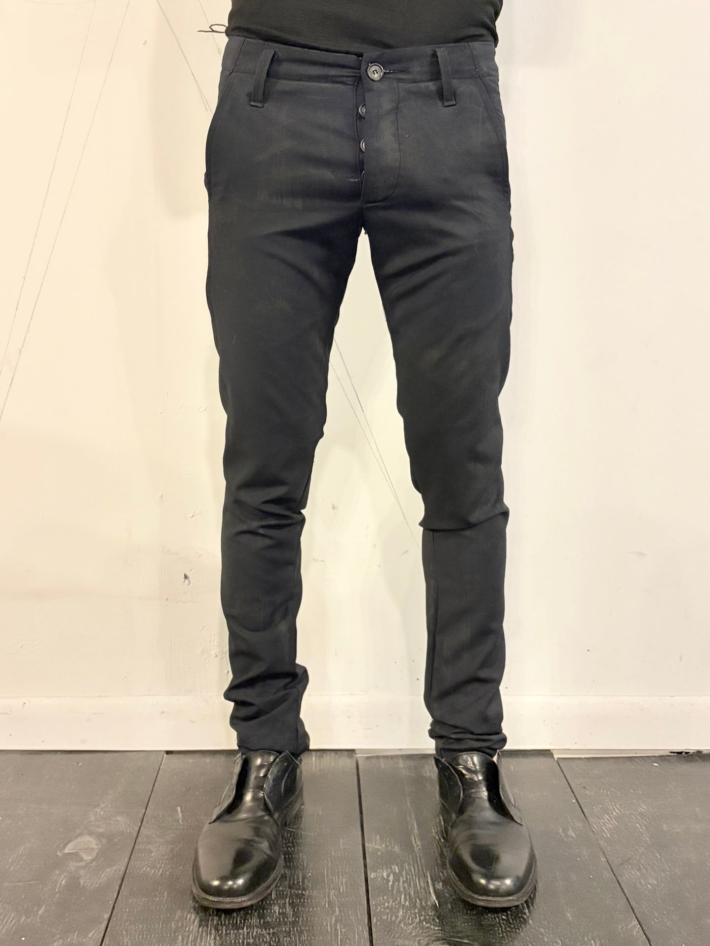 SS26 || MINIMALIST SLIM PANTS - BLACK WOOL || VOLCANIC SULPHUR COATED