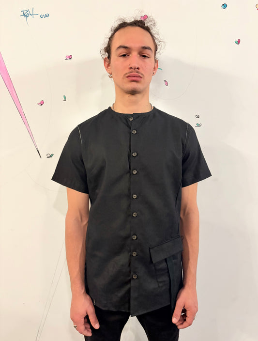 SS26 || COLLARLESS 3 PANEL  BACK VENT SHIRT || SHORT SLEEVE - BLACK