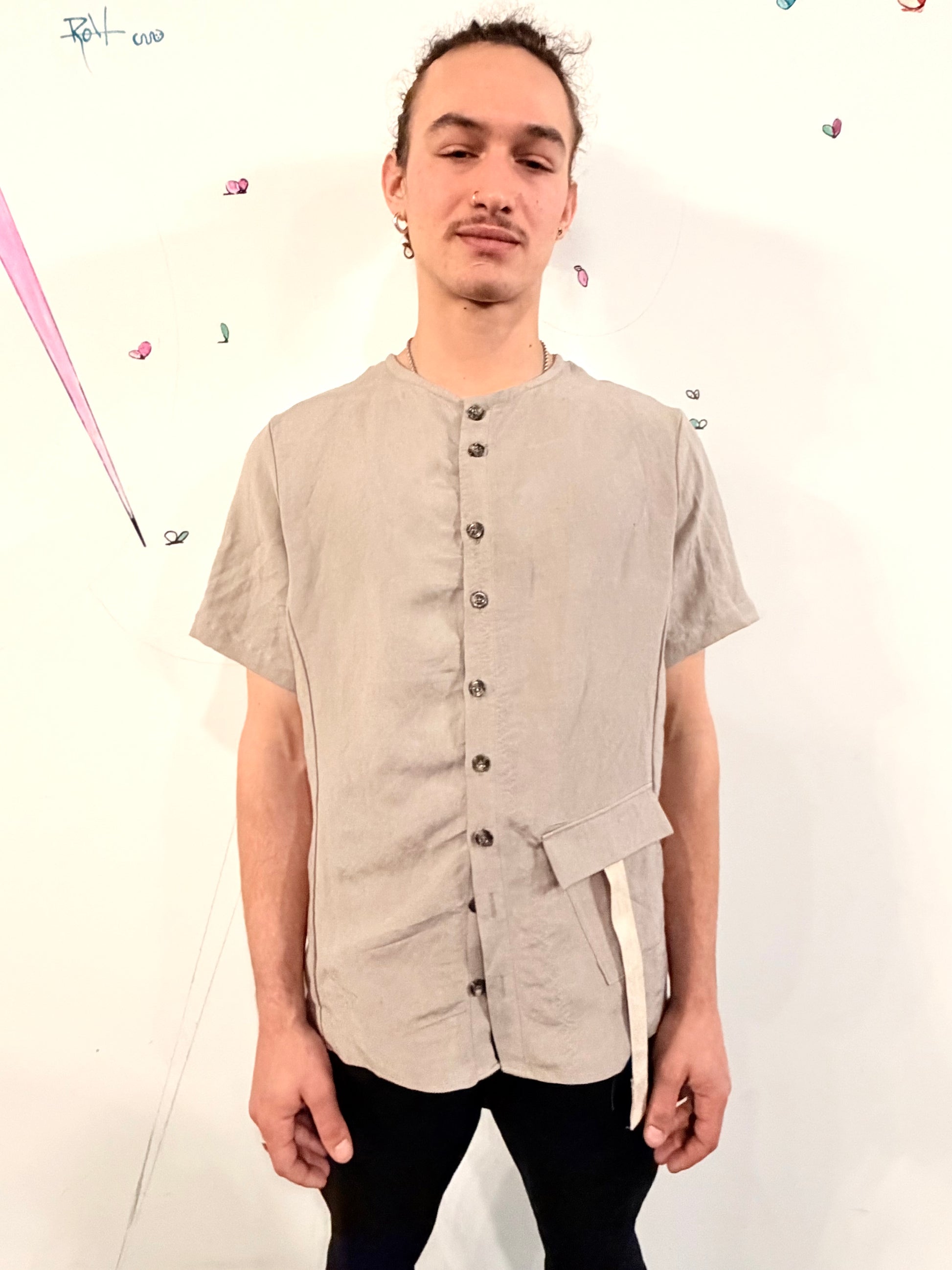 collarless short sleeve dress shirt Short Sleeve Collarless Shirt Cotton Silk Graphic Stripe Ecru/Pale Blue