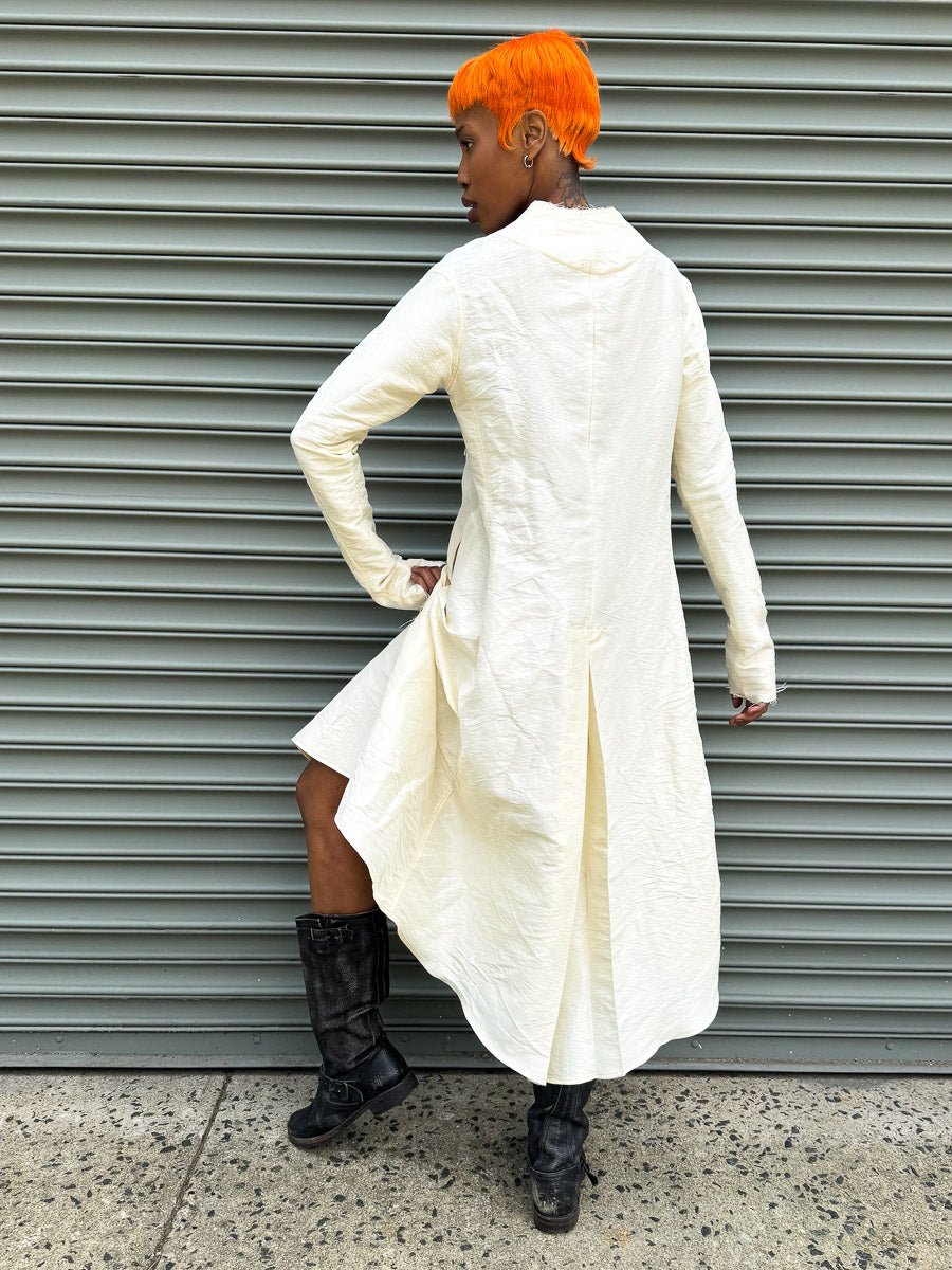 SS24 || FAULTED SHOULDER RUCHED SILK DRESS || WHITE