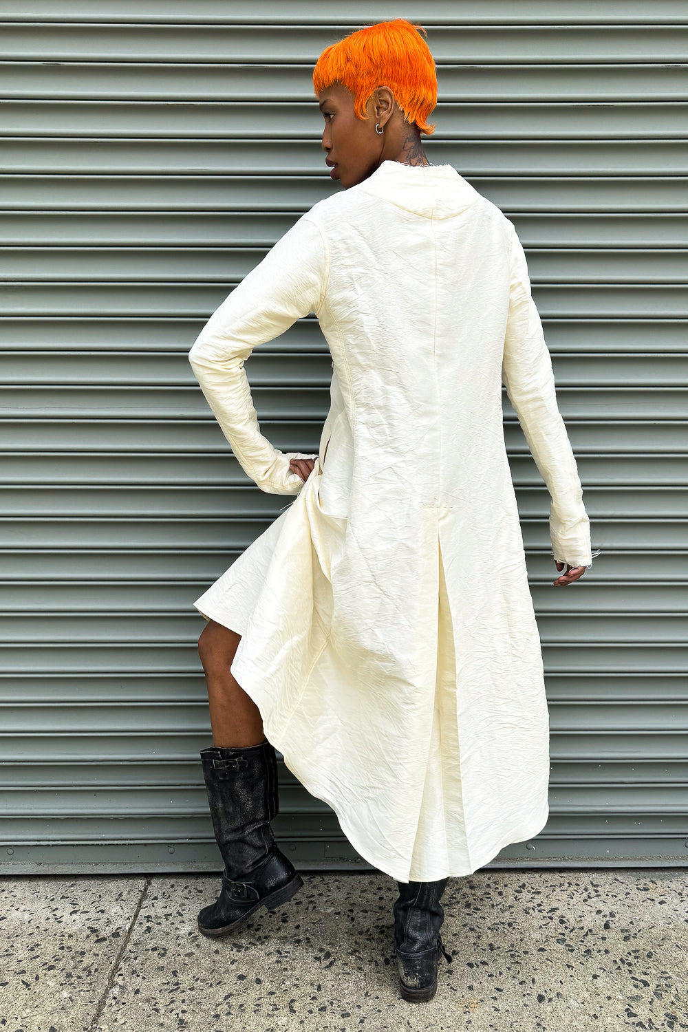 SS24 || FAULTED SHOULDER RUCHED SILK DRESS || WHITE