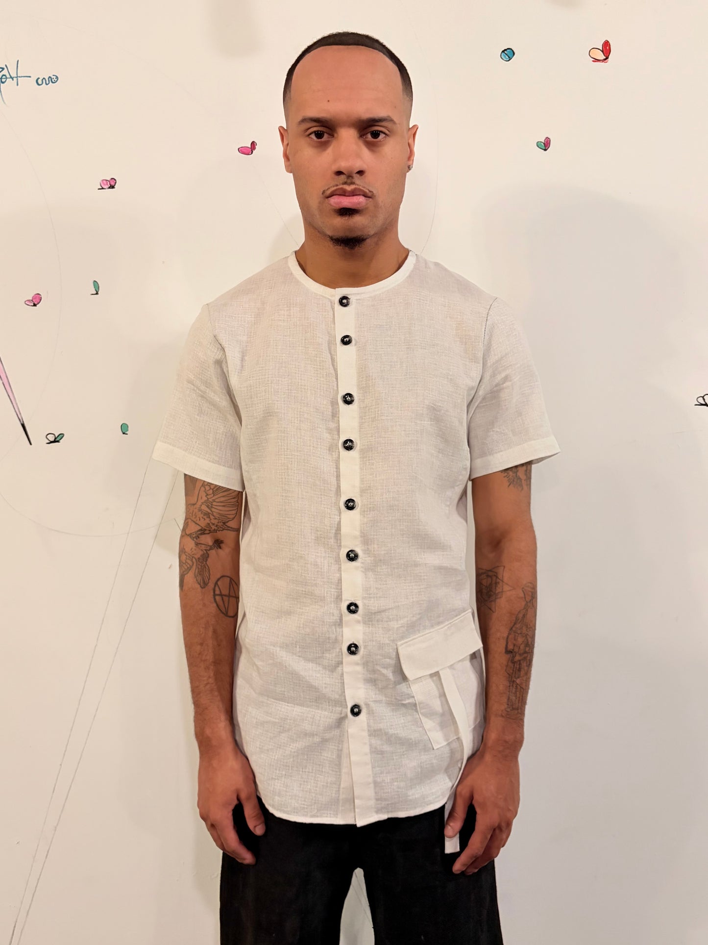 SS26 || COLLARLESS 3 PANEL  BACK VENT SHIRT || SHORT SLEEVE - WHITE
