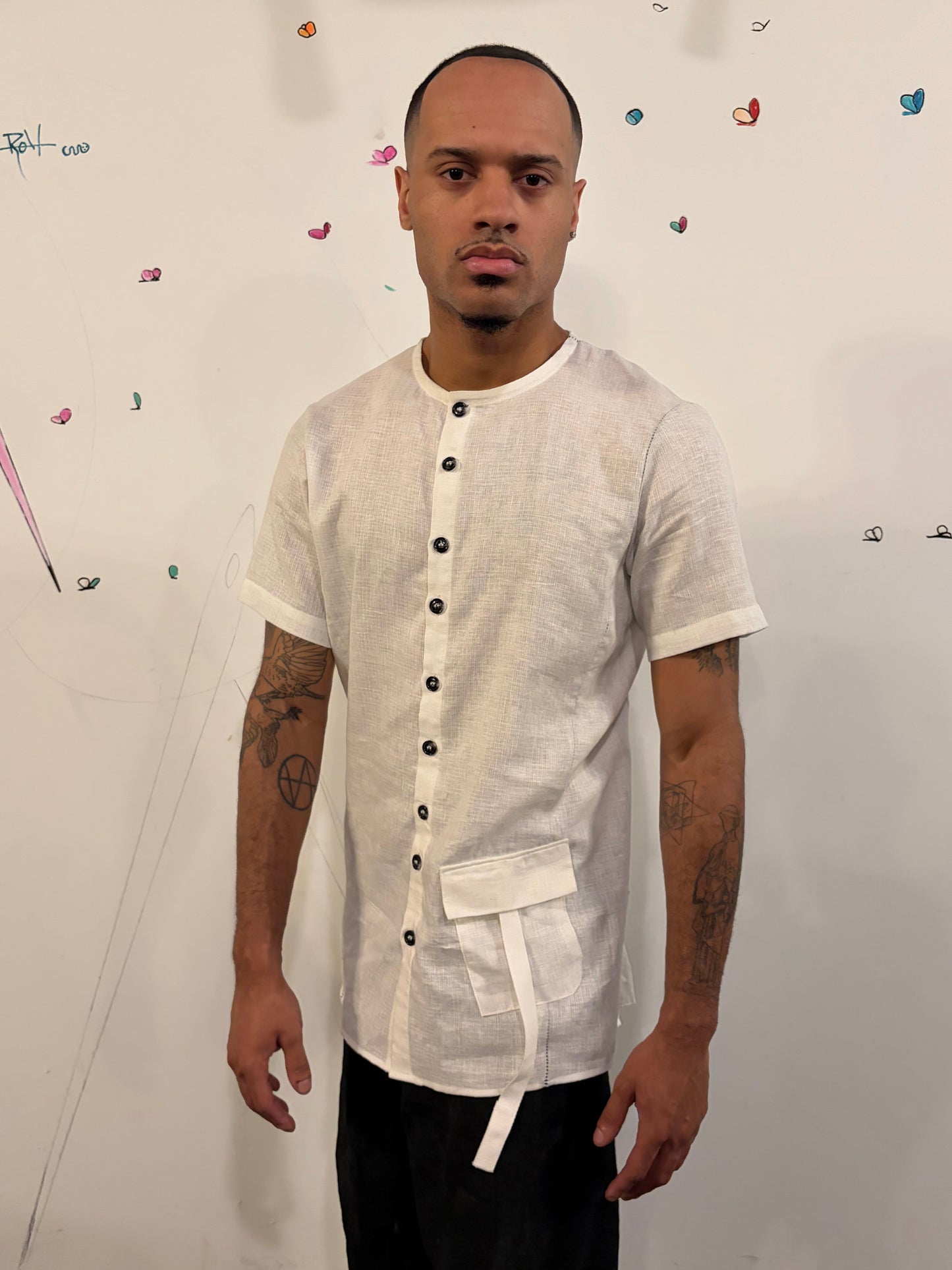 SS26 || COLLARLESS 3 PANEL  BACK VENT SHIRT || SHORT SLEEVE - WHITE