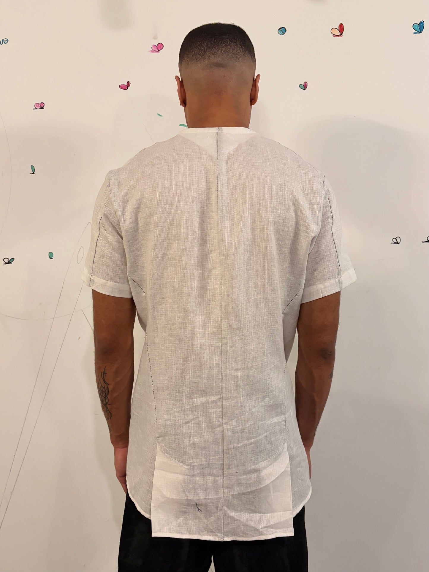 SS26 || COLLARLESS 3 PANEL  BACK VENT SHIRT || SHORT SLEEVE - WHITE