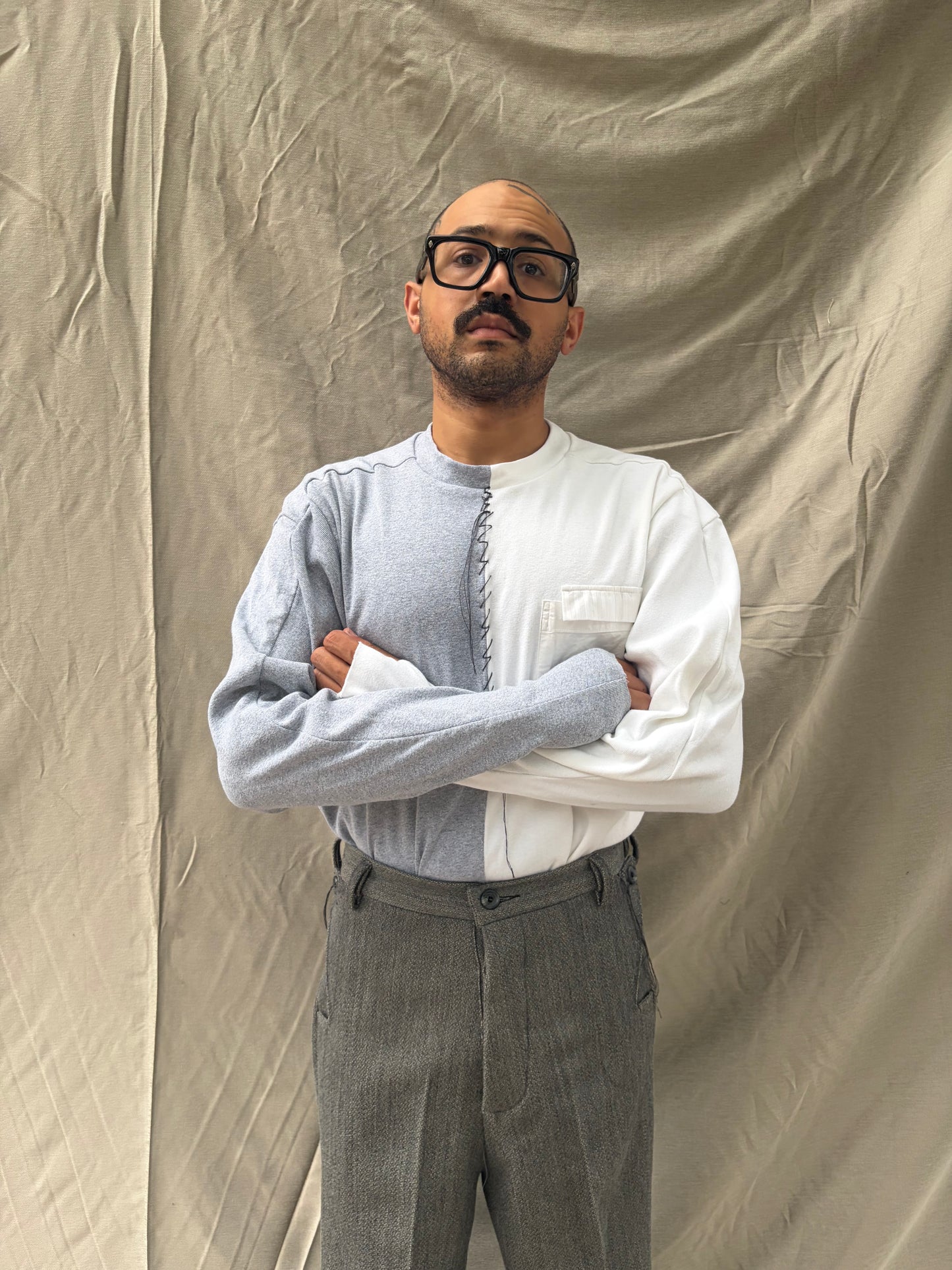 FW26 || .5 FAULTED SHOULDER - |BOX| TEE - LONG SLEEVE || GREY + WHITE