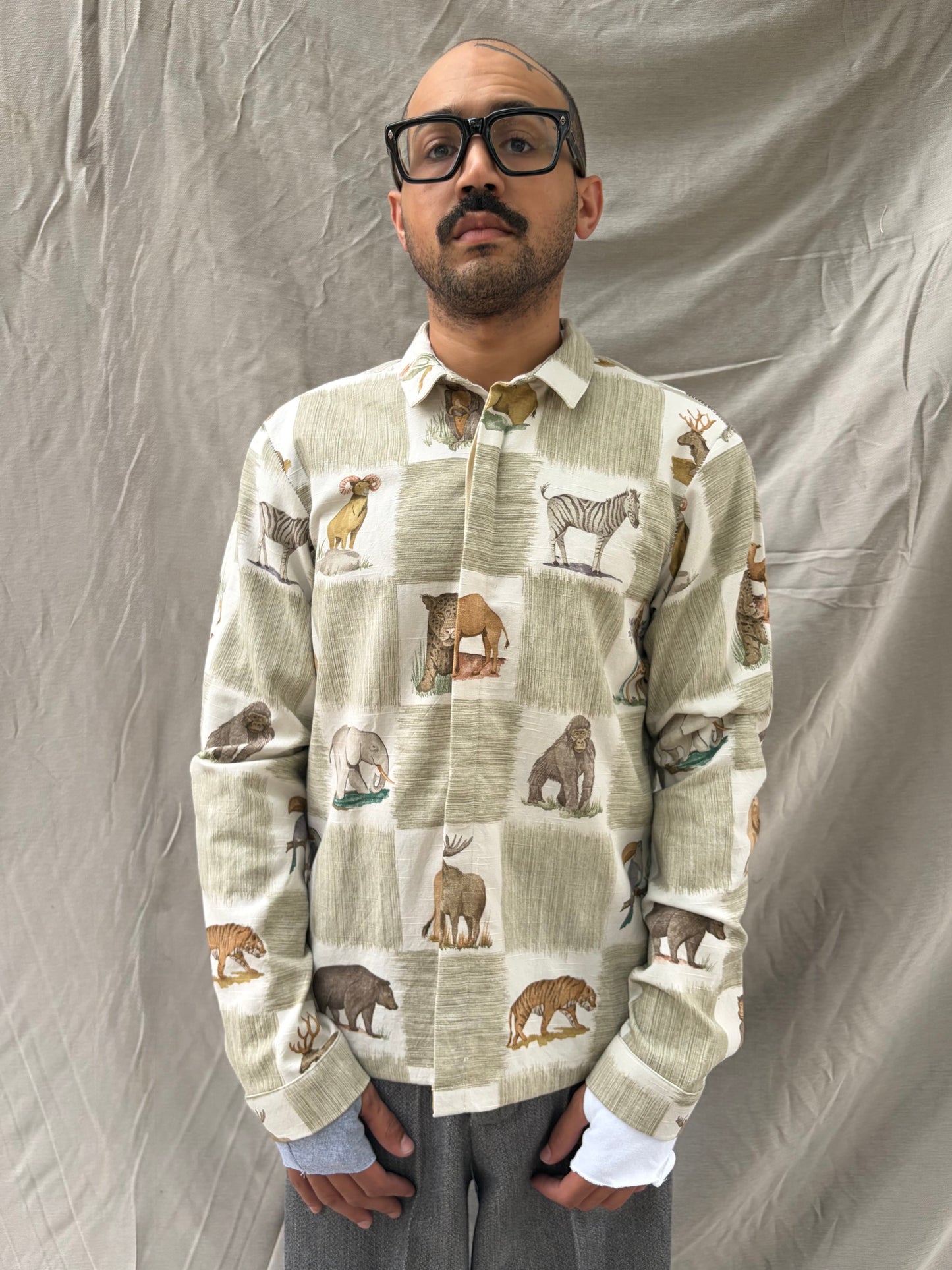 SS26 || FAULTED SHOULDER - |BOX| SHIRT -  LONG SLEEVE || ANIMAL PRINT COTTON LINEN