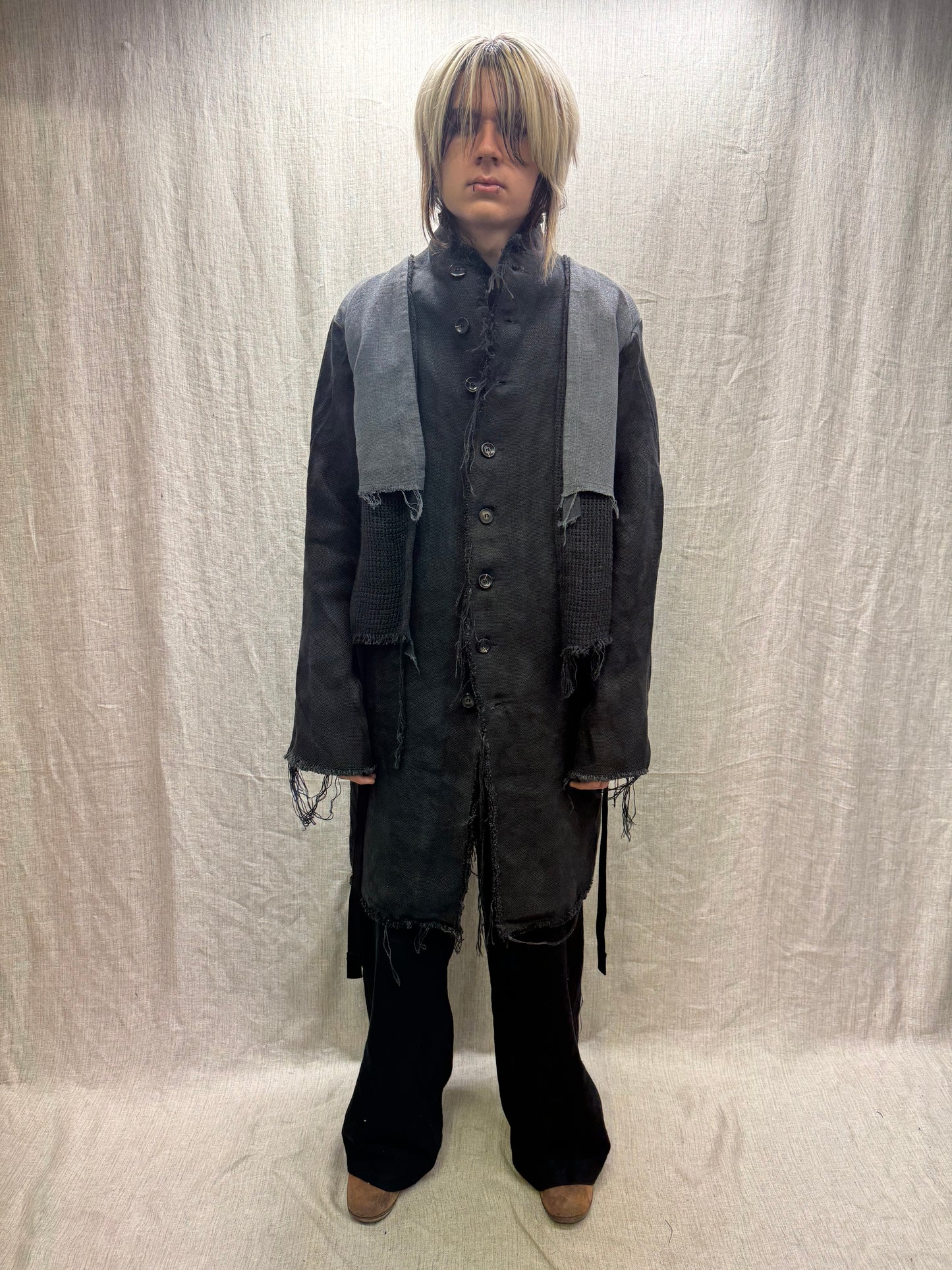 FW24 || PROTOLOGICAL ARCHETYPE CAPE YOKE LONG COAT || BLACK HEAVY LINEN