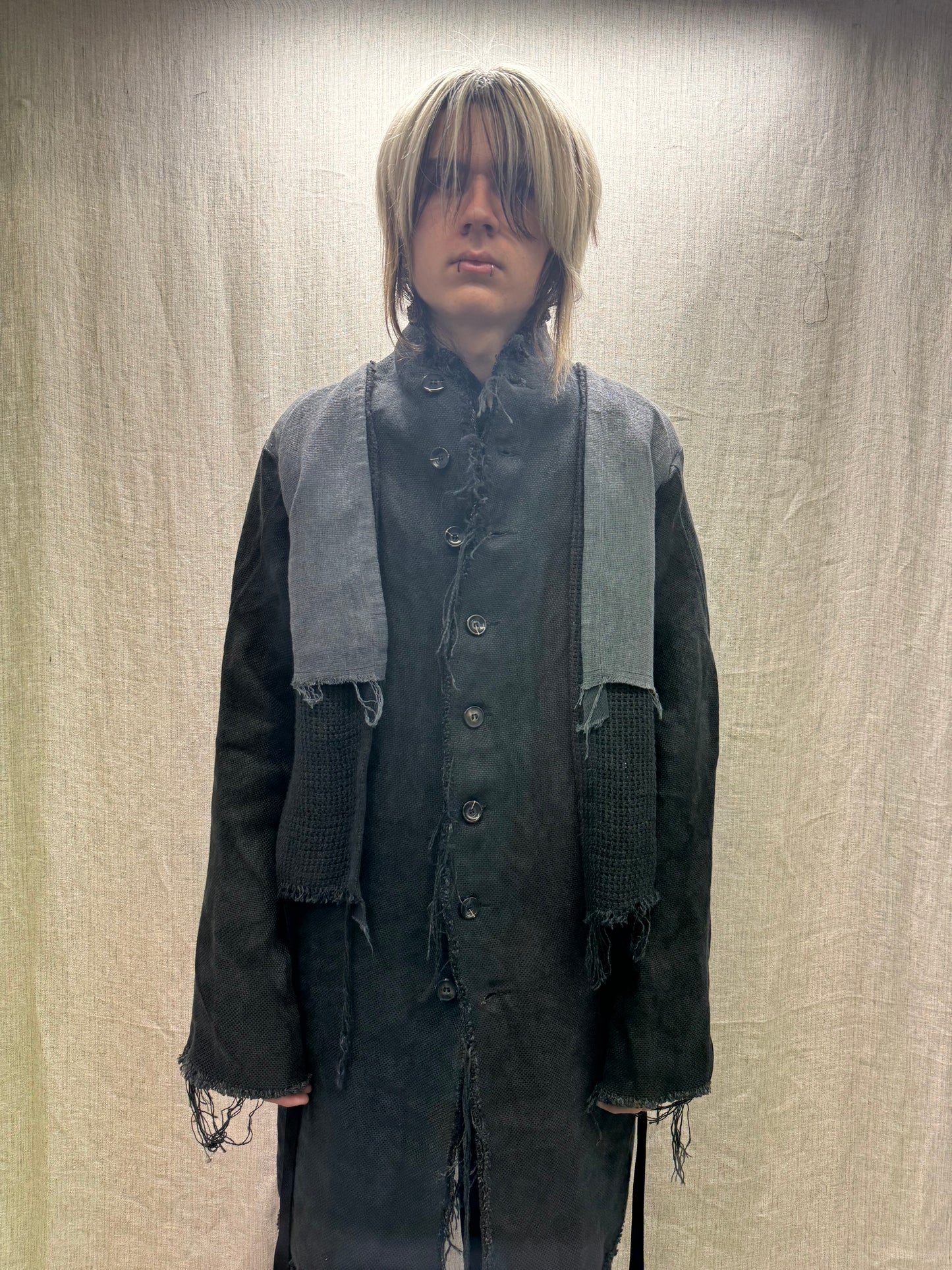 FW24 || PROTOLOGICAL ARCHETYPE CAPE YOKE LONG COAT || BLACK HEAVY LINEN