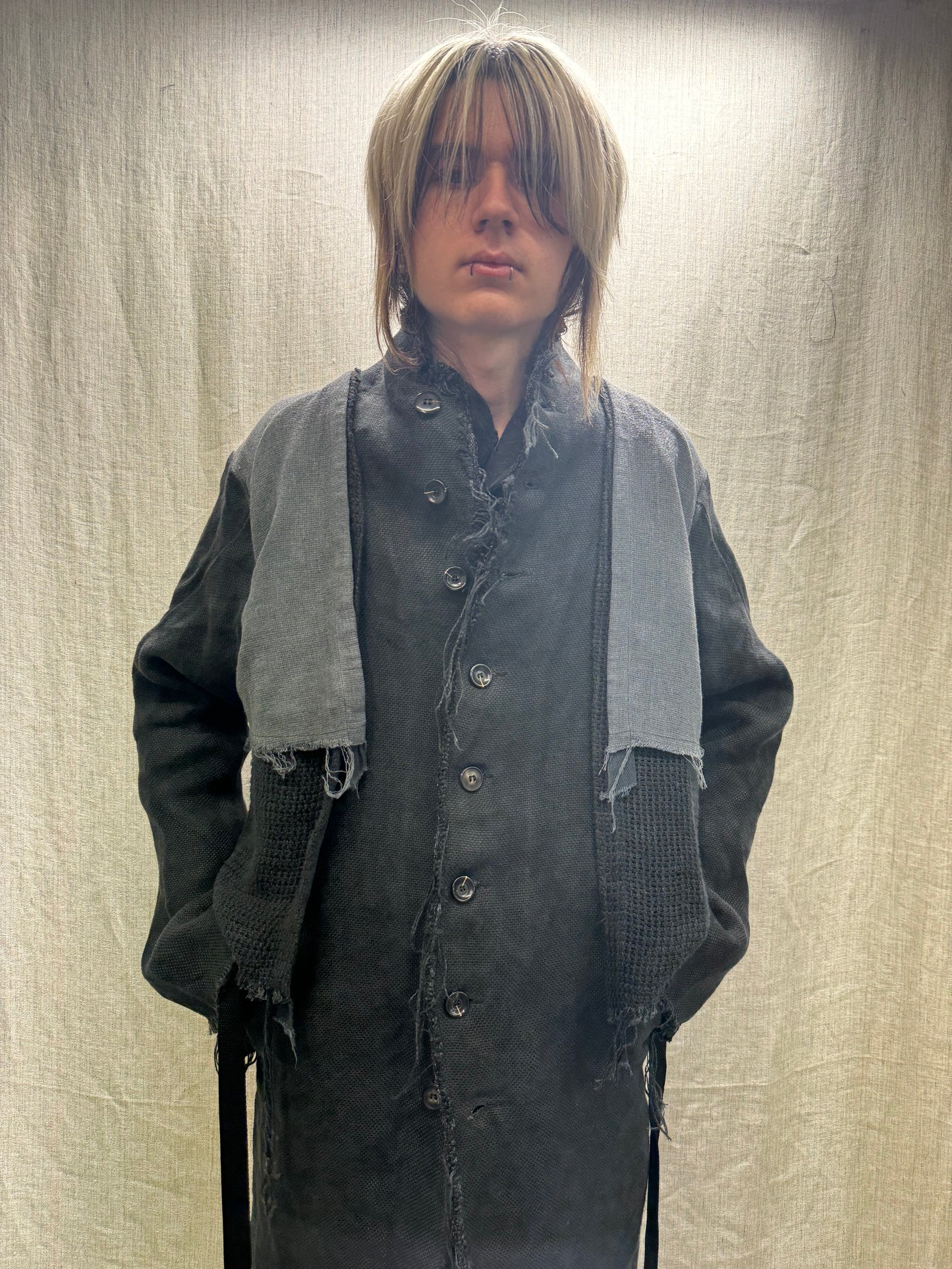 FW24 || PROTOLOGICAL ARCHETYPE CAPE YOKE LONG COAT || BLACK HEAVY LINEN