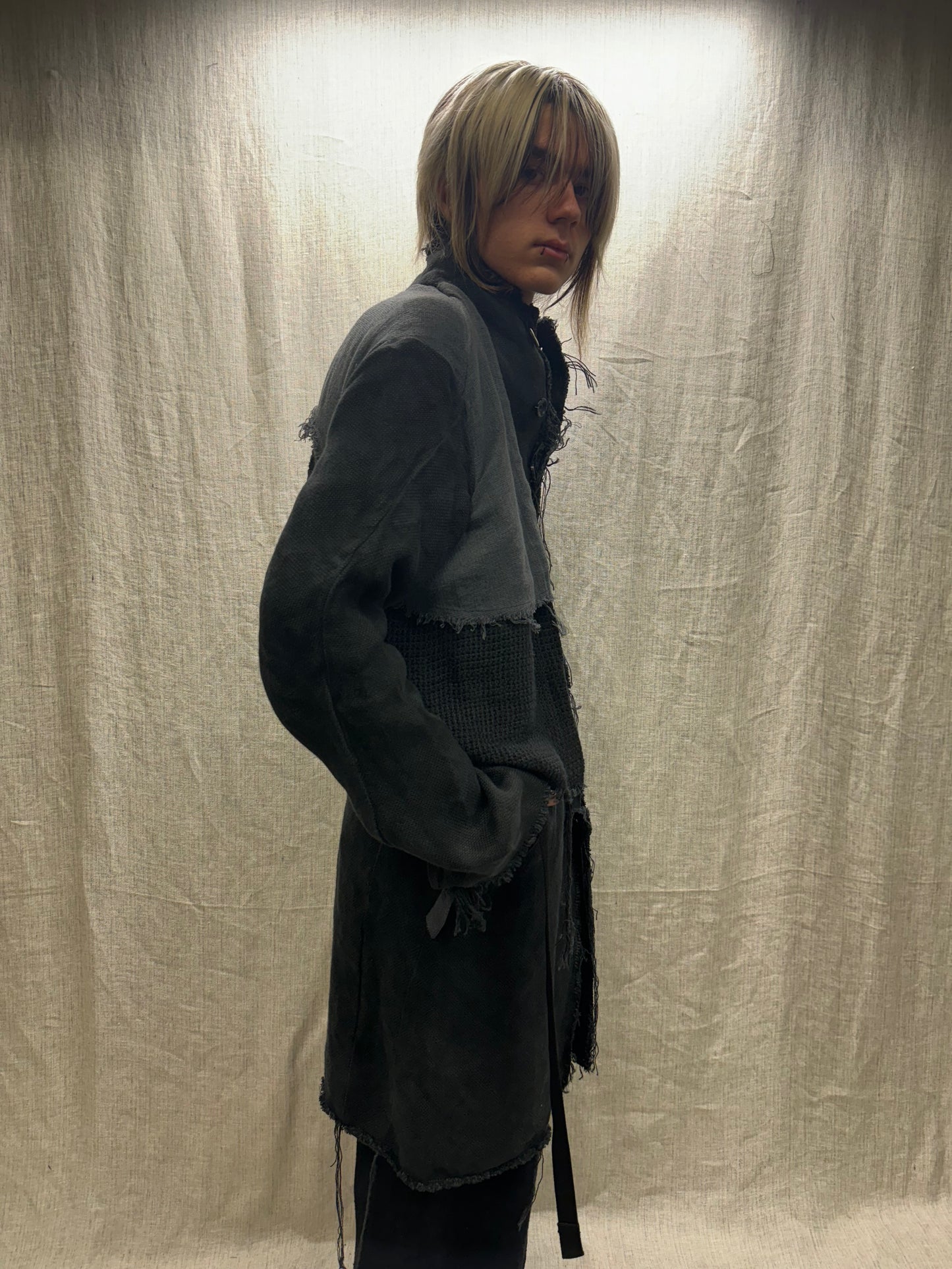 FW24 || PROTOLOGICAL ARCHETYPE CAPE YOKE LONG COAT || BLACK HEAVY LINEN