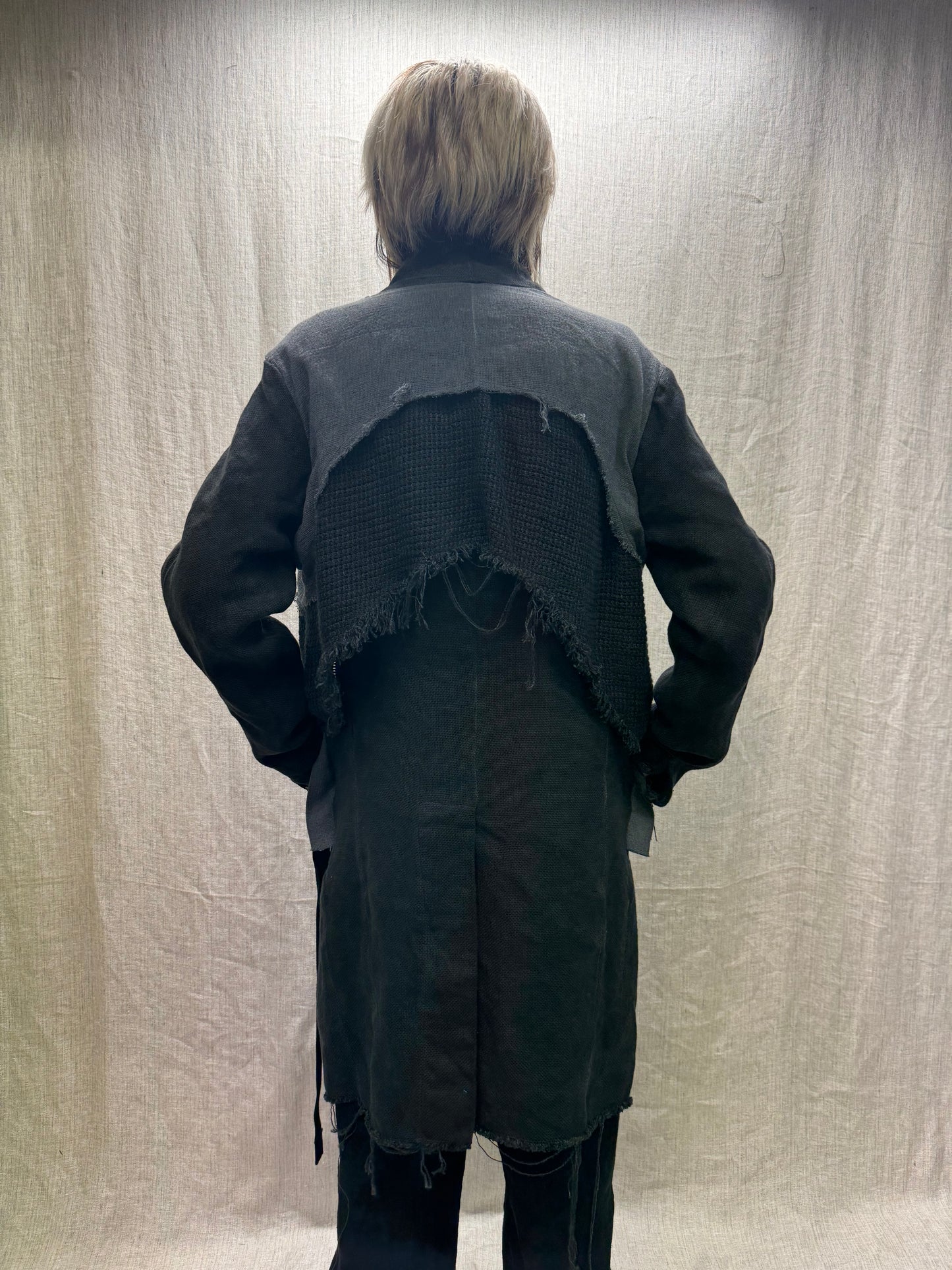 FW24 || PROTOLOGICAL ARCHETYPE CAPE YOKE LONG COAT || BLACK HEAVY LINEN