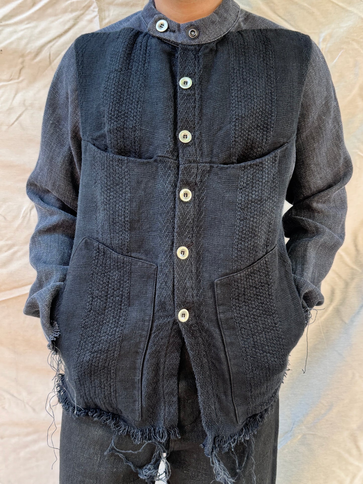 FW25 || FAULTED SHOULDER WORK SHIRT|| 100%  LINEN || CARBON + BLACK