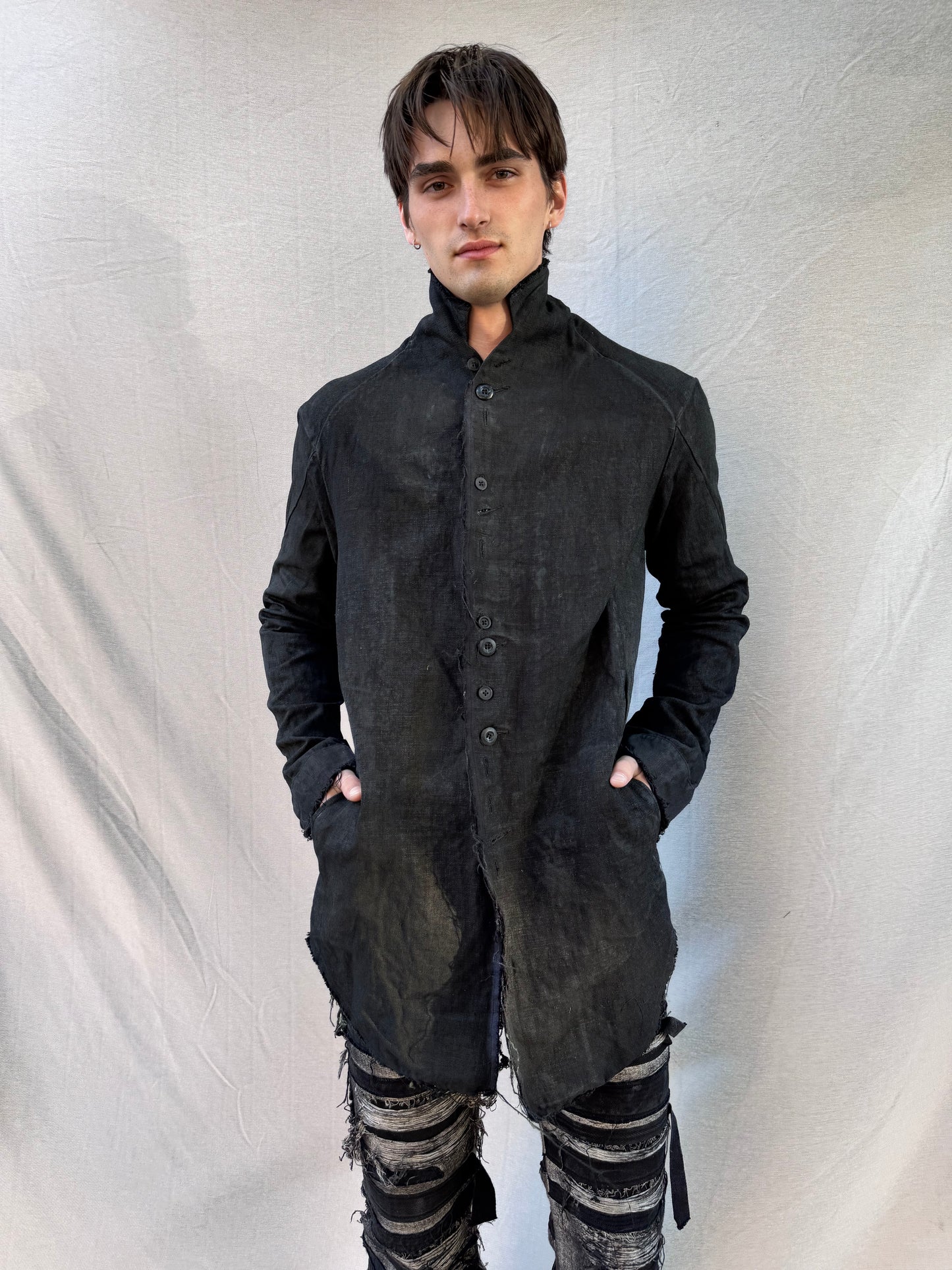 FW25 || PROTOLOGICAL ARCHETYPE LONG SHIRT JACKET || CHARCOAL COATED BLACK