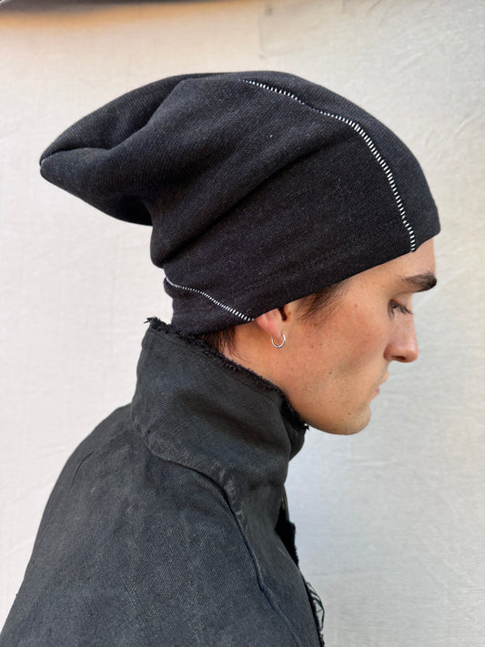 FW25 || TRIANGULAR  PANEL BEANIE || OVERLOCKED ||  WHITE ON BLACK