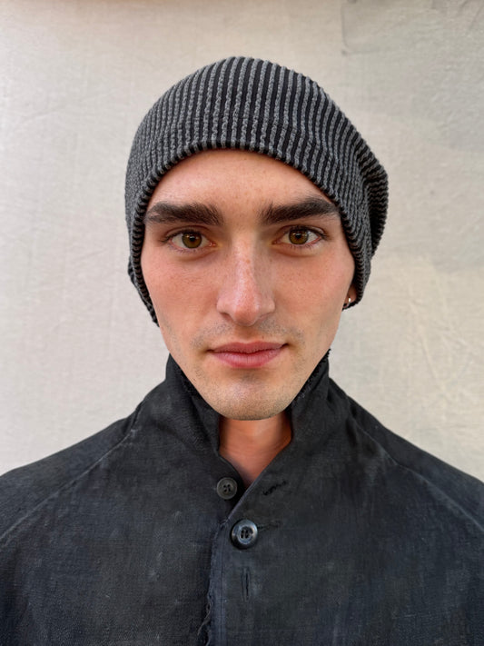 FW25 || LONG DOME BEANIE ||GREY -GREY TEXTURED STRIPE