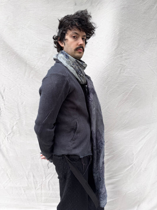 FW25 || FLAT FELLED EMBROIDERED  SCARF || 100% LINEN || GREY