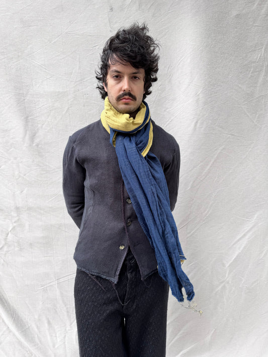 FW25 || COTTON LINEN SLIM SCARF || BLUE + RUST